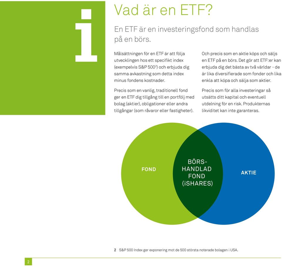Precis som en vanlig, traditionell fond ger en ETF dig tillgång till en portfölj med bolag (aktier), obligationer eller andra tillgångar (som råvaror eller fastigheter).