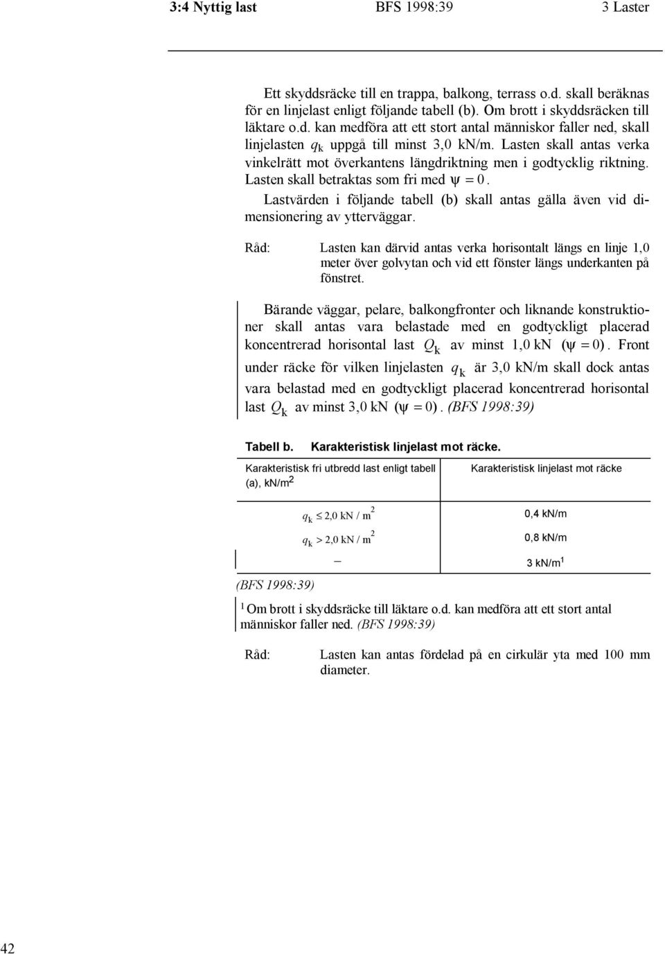 Lastvärden i följande tabell (b) skall antas gälla även vid dimensionering av ytterväggar.