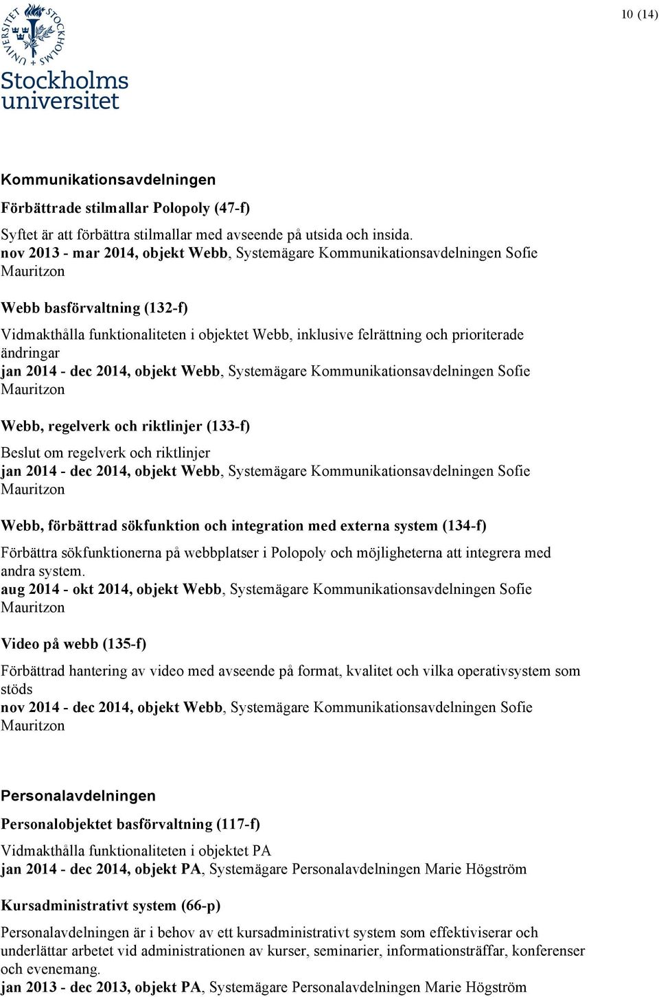 prioriterade ändringar jan 2014 - dec 2014, objekt Webb, Systemägare Kommunikationsavdelningen Sofie Mauritzon Webb, regelverk och riktlinjer (133-f) Beslut om regelverk och riktlinjer jan 2014 - dec
