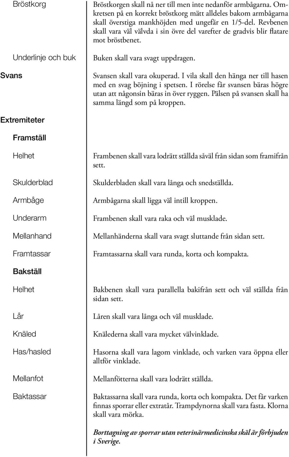 Revbenen skall vara väl välvda i sin övre del varefter de gradvis blir flatare mot bröstbenet. Buken skall vara svagt uppdragen. Svansen skall vara okuperad.