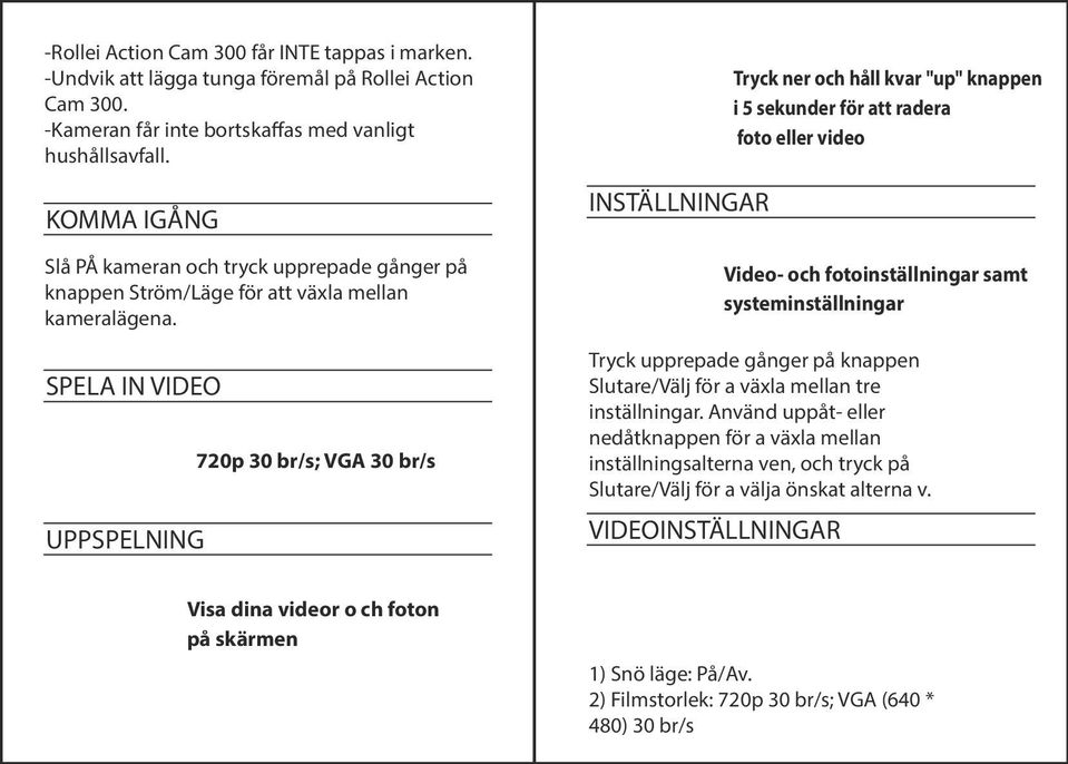 SPELA IN VIDEO UPPSPELNING 720p 30 br/s; VGA 30 br/s INSTÄLLNINGAR Tryck upprepade gånger på knappen Slutare/Välj för a växla mellan tre inställningar.