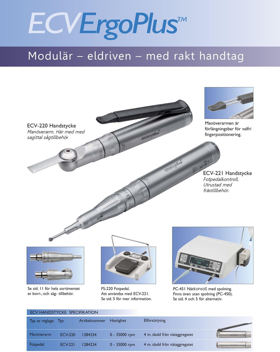 11 för hela sortimentet av borr, och såg tillbehör. FS220 Fotpedal. Att användas med ECV221. Se sid. 5 för mer information. PC451 Nätkonsoll med spolning.