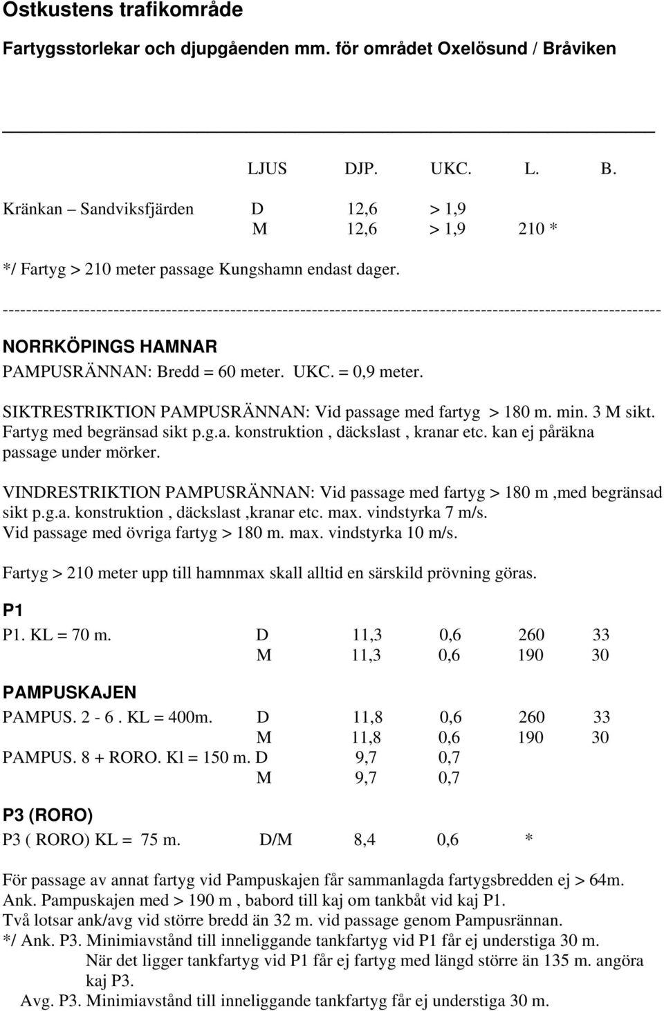 SIKTRESTRIKTION PAMPUSRÄNNAN: Vid passage med fartyg > 180 m. min. 3 M sikt. Fartyg med begränsad sikt p.g.a. konstruktion, däckslast, kranar etc. kan ej påräkna passage under mörker.