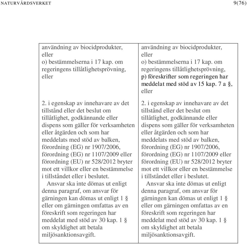 (EG) nr 1907/2006, förordning (EG) nr 1107/2009 eller förordning (EU) nr 528/2012 bryter mot ett villkor eller en bestämmelse i tillståndet eller i beslutet.