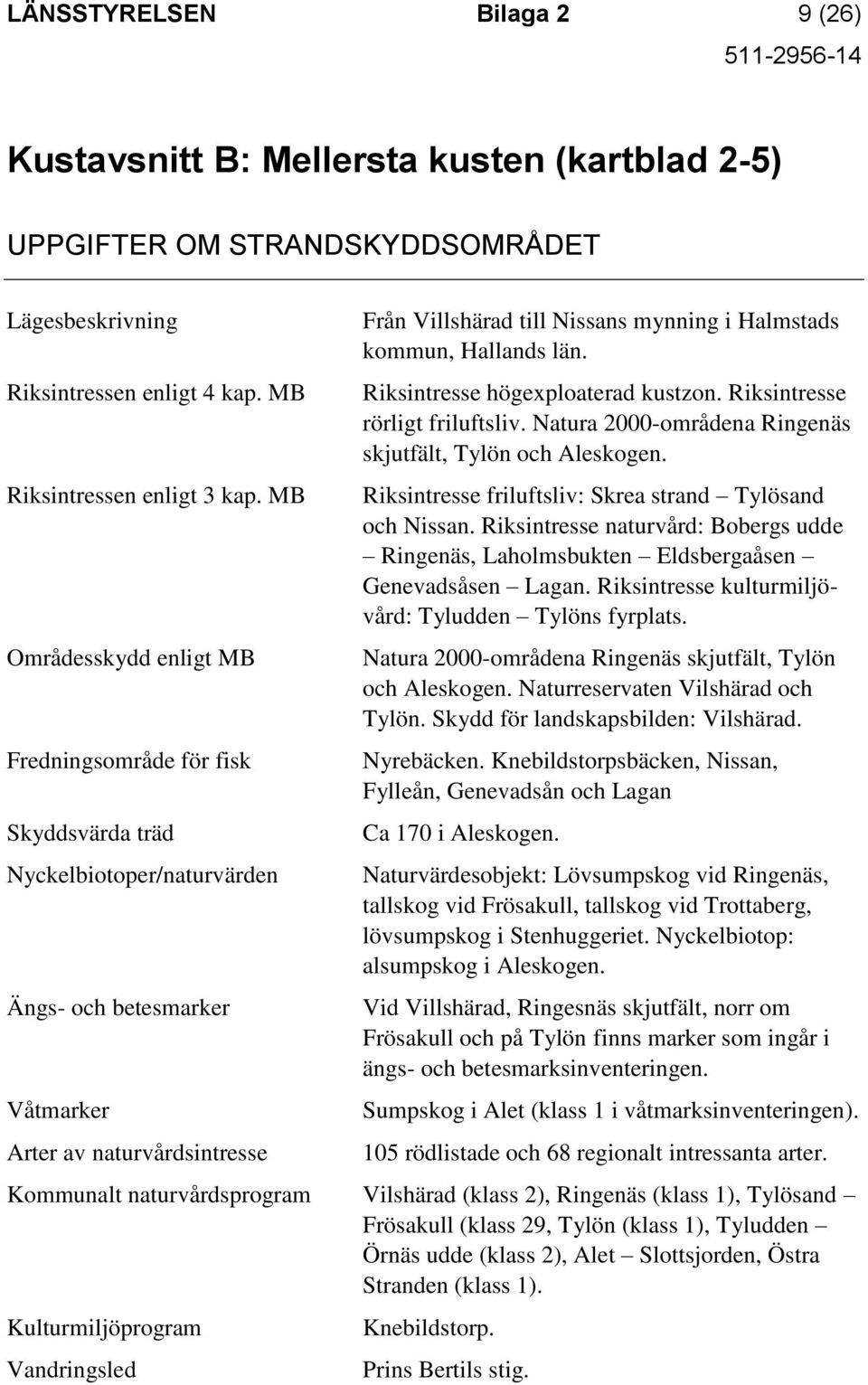 Halmstads kommun, Hallands län. Riksintresse högexploaterad kustzon. Riksintresse rörligt friluftsliv. Natura 2000-områdena Ringenäs skjutfält, Tylön och Aleskogen.