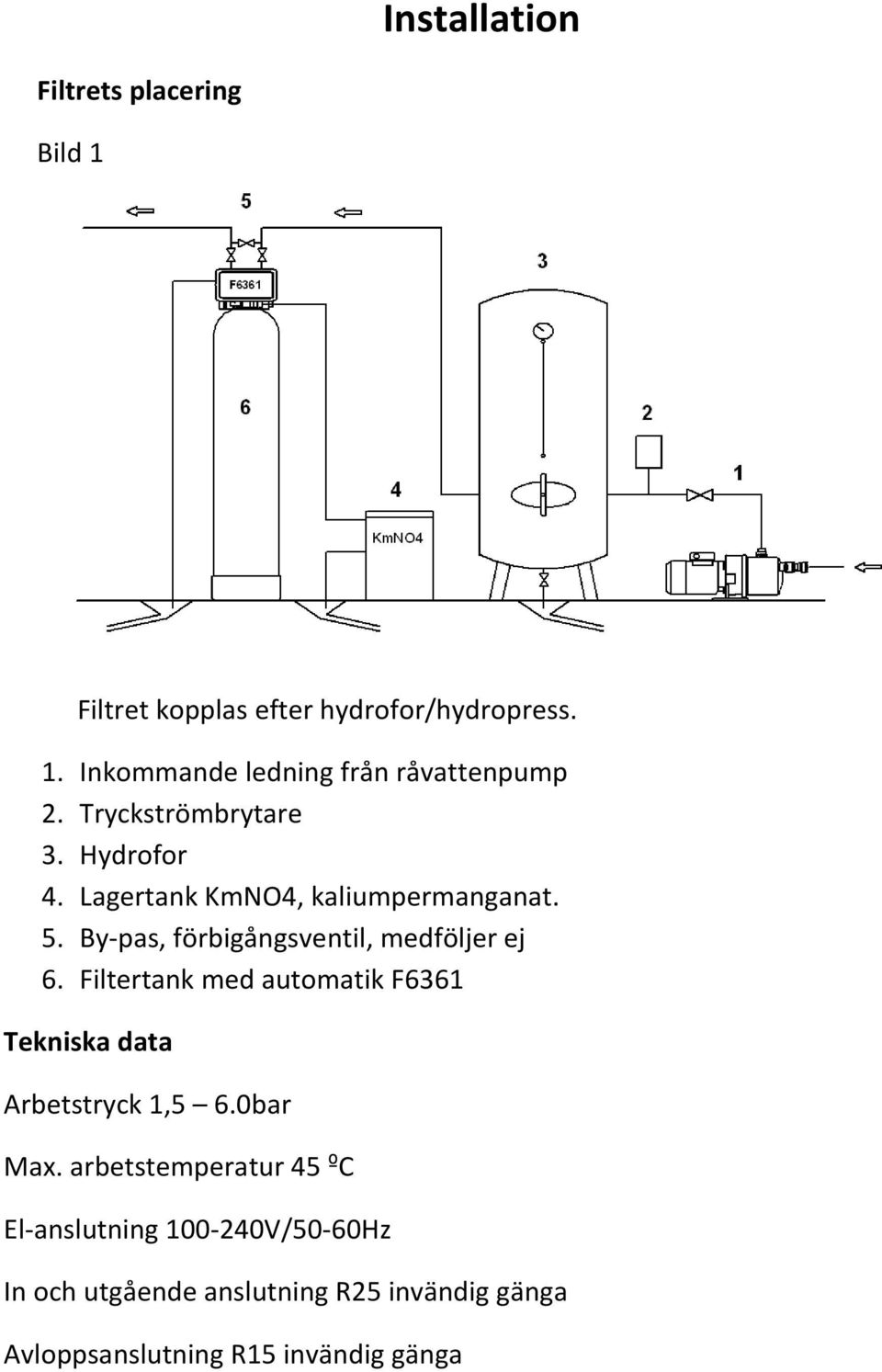 By pas, förbigångsventil, medföljer ej 6. Filtertank med automatik F6361 Tekniska data Arbetstryck 1,5 6.