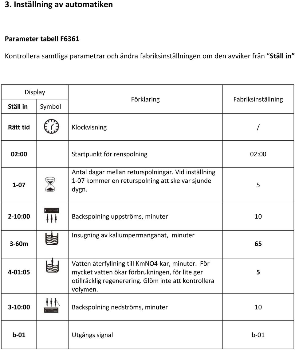 Vid inställning 1 07 kommer en returspolning att ske var sjunde dygn.