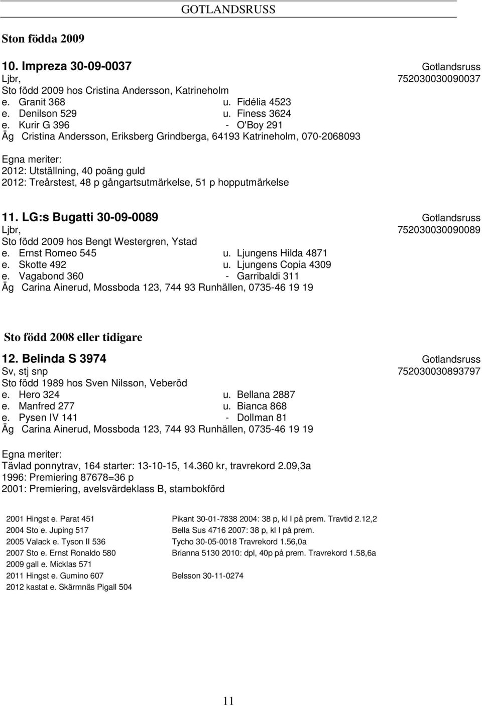 hopputmärkelse 11. LG:s Bugatti 30-09-0089 Gotlandsruss Ljbr, 752030030090089 Sto född 2009 hos Bengt Westergren, Ystad e. Ernst Romeo 545 u. Ljungens Hilda 4871 e. Skotte 492 u.