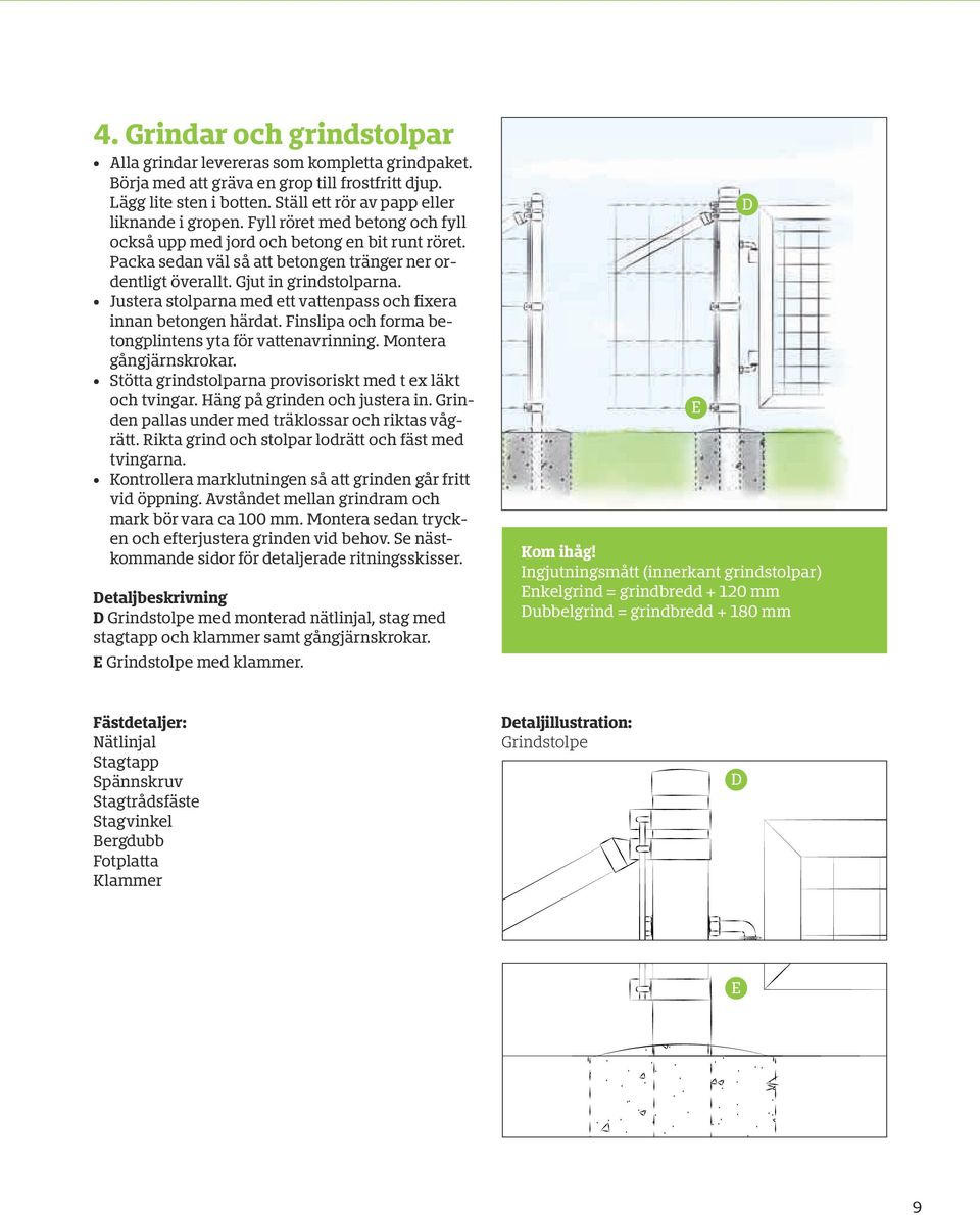 Justera stolparna med ett vattenpass och fixera innan betongen härdat. Finslipa och forma betongplintens yta för vattenavrinning. Montera gångjärnskrokar.