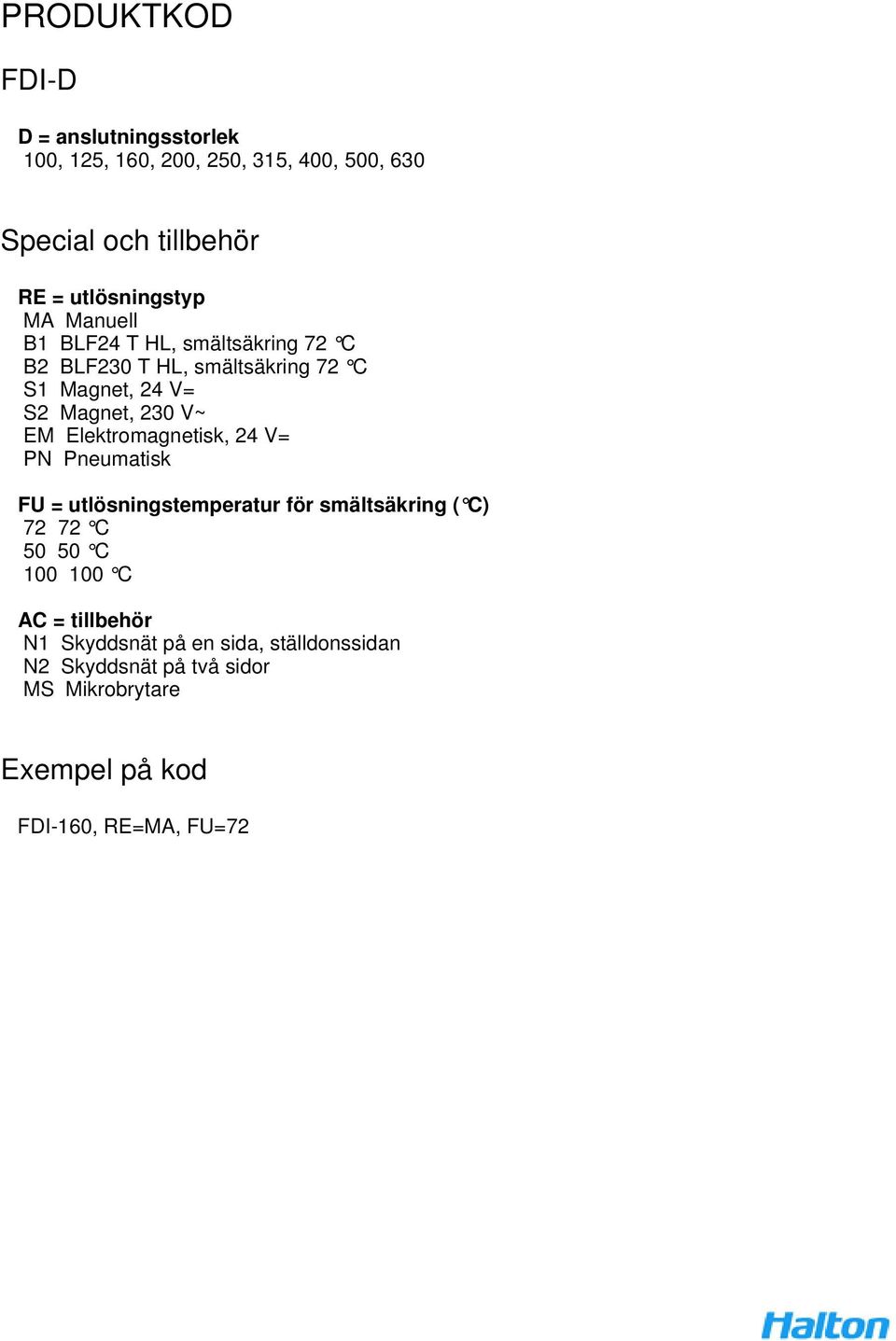 230 V~ EM Elektromagnetisk, 24 V= PN Pneumatisk FU = utlösningstemperatur för smältsäkring ( C) 72 72 C 50 50 C 100 100 C