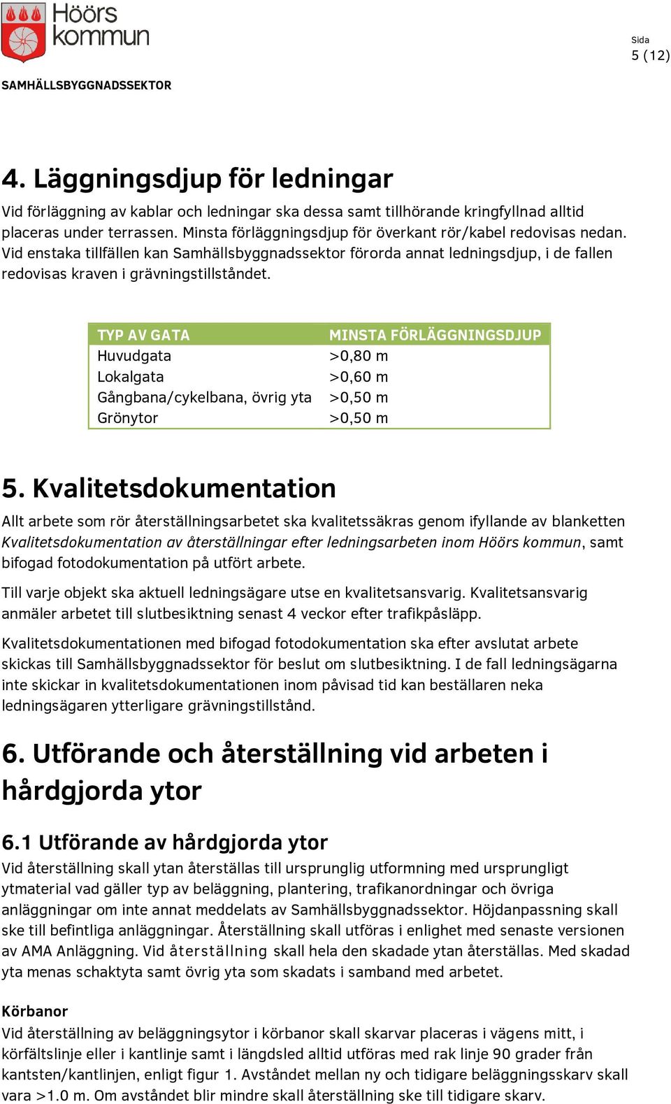 TYP AV GATA Huvudgata Lokalgata Gångbana/cykelbana, övrig yta Grönytor MINSTA FÖRLÄGGNINGSDJUP >0,80 m >0,60 m >0,50 m >0,50 m 5.