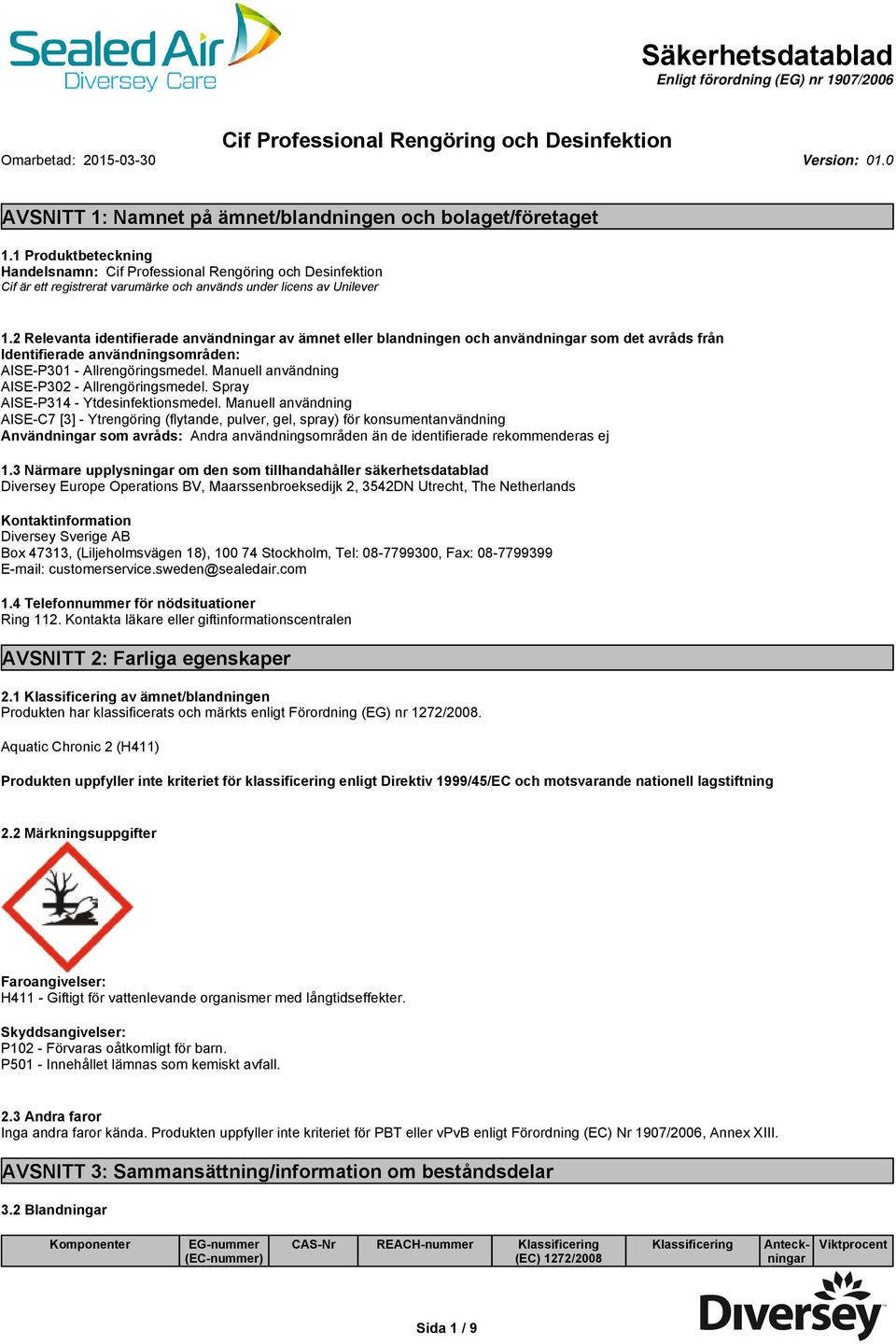 2 Relevanta identifierade användningar av ämnet eller blandningen och användningar som det avråds från Identifierade användningsområden: AISEP301 Allrengöringsmedel.