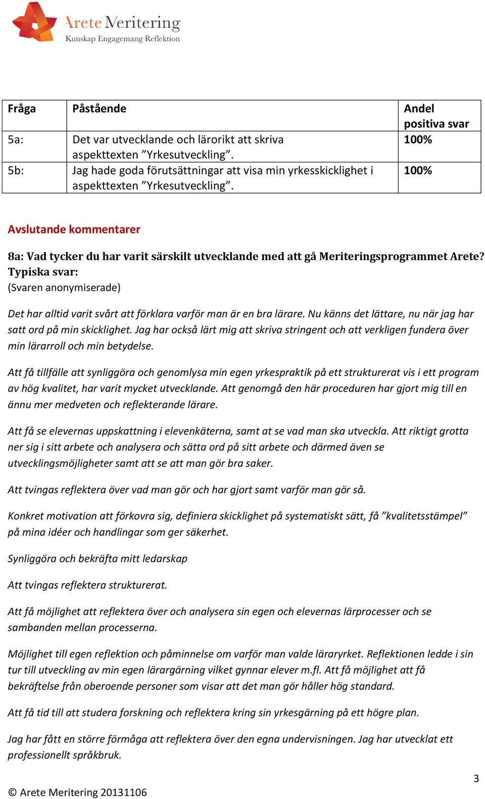 Typiska svar: (Svaren anonymiserade) Det har alltid varit svårt att förklara varför man är en bra lärare. Nu känns det lättare, nu när jag har satt ord på min skicklighet.