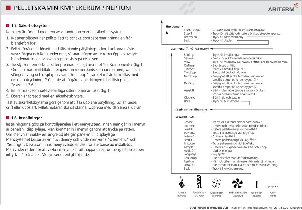 Luckorna måste vara stängda och låsta under drift, så snart någon av luckorna öppnas avbryts bränslematningen och varningstext visas på displayen. 3.