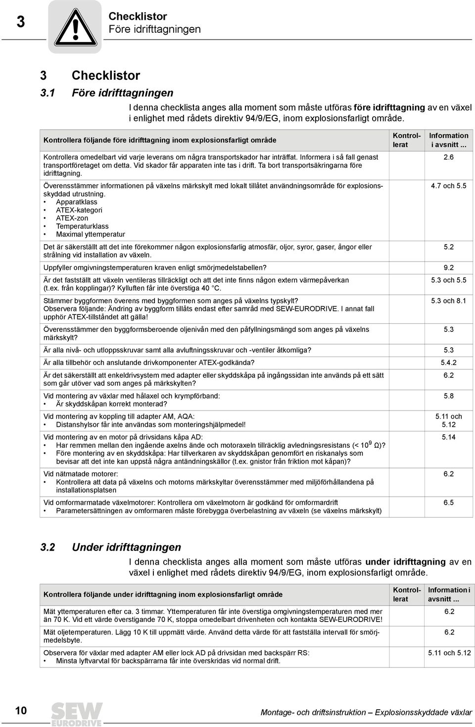 Kontrollera följande före idrifttagning inom explosionsfarligt område Kontrollera omedelbart vid varje leverans om några transportskador har inträffat.