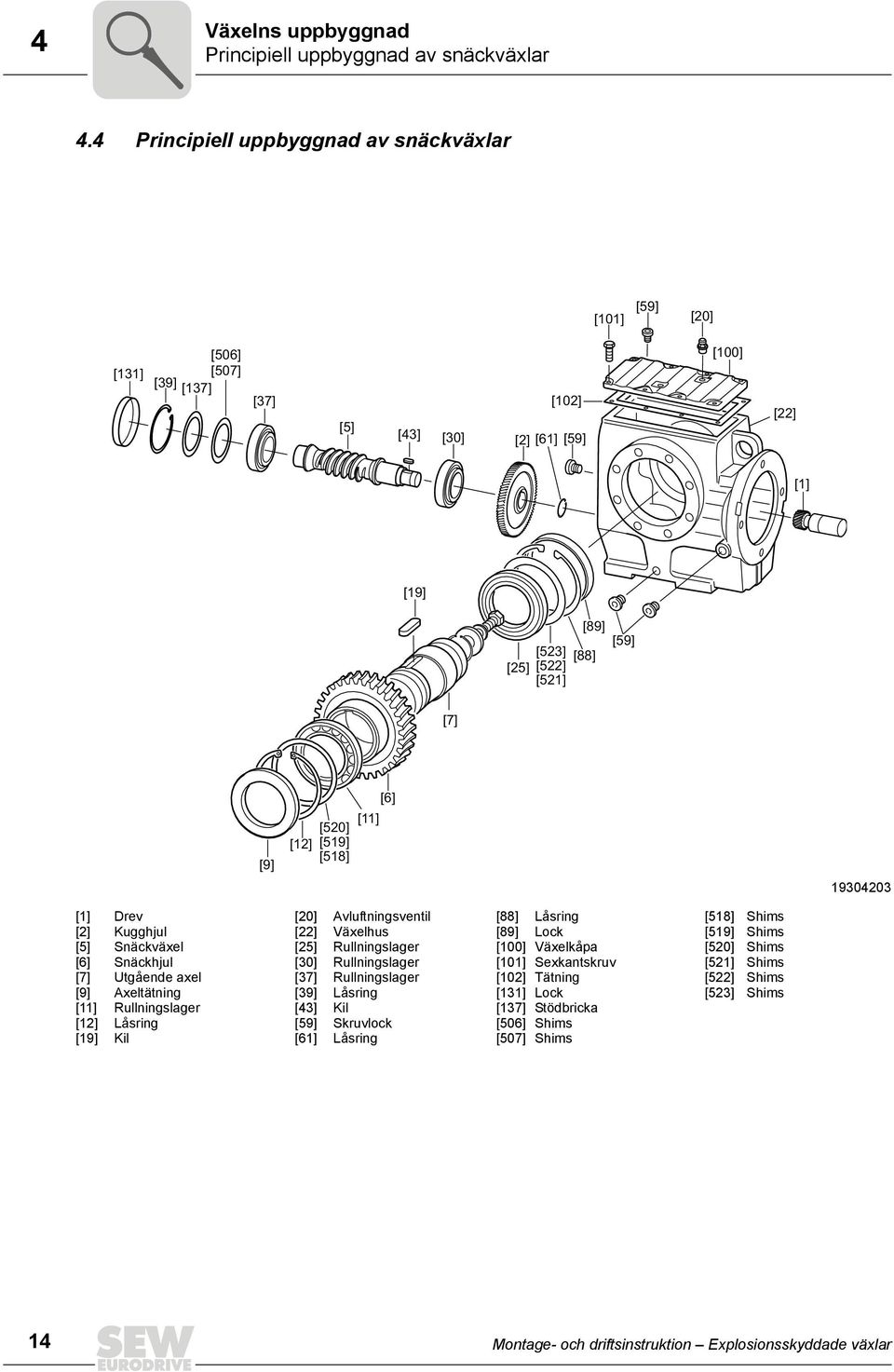 [520] [519] [518] [11] [6] 19304203 [1] [2] [5] [6] [7] [9] [11] [12] [19] Drev Kugghjul Snäckväxel Snäckhjul Utgående axel Axeltätning Rullningslager Låsring Kil [20] [22] [25] [30] [37] [39] [43]
