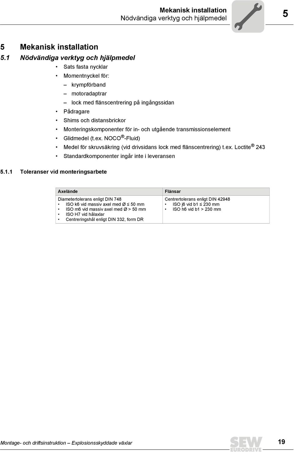 för in- och utgående transmissionselement Glidmedel (t.ex. NOCO -Fluid) Medel för skruvsäkring (vid drivsidans lock med flänscentrering) t.ex. Loctite 243 Standardkomponenter ingår inte i leveransen 5.