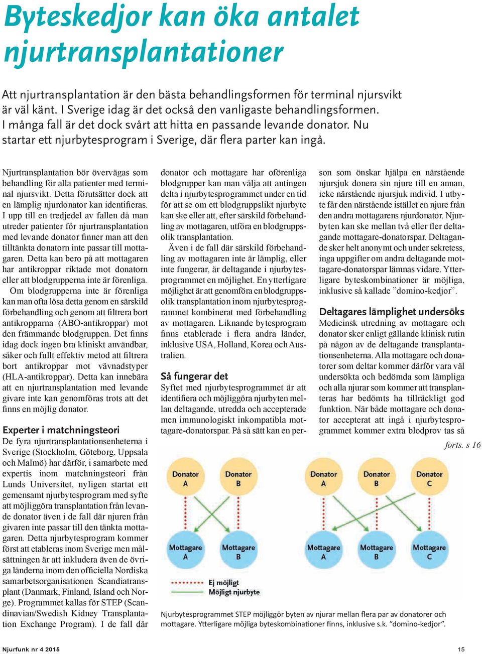 Nu startar ett njurbytesprogram i Sverige, där flera parter kan ingå. Njurtransplantation bör övervägas som behandling för alla patienter med terminal njursvikt.