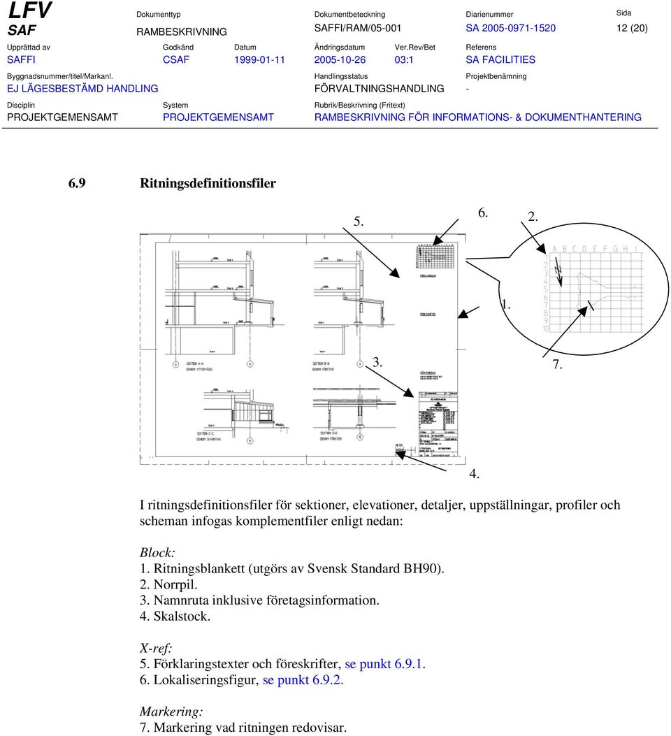 nedan: Block: 1. Ritningsblankett (utgörs av Svensk Standard BH90). 2. Norrpil. 3. Namnruta inklusive företagsinformation. 4.