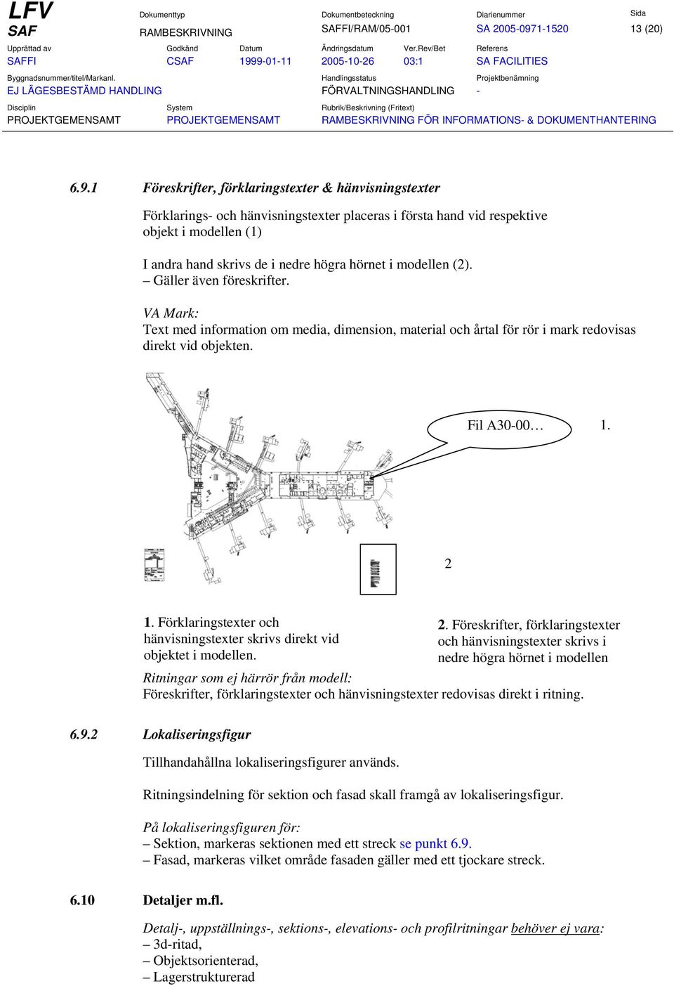 1 Föreskrifter, förklaringstexter & hänvisningstexter Förklarings- och hänvisningstexter placeras i första hand vid respektive objekt i modellen (1) I andra hand skrivs de i nedre högra hörnet i