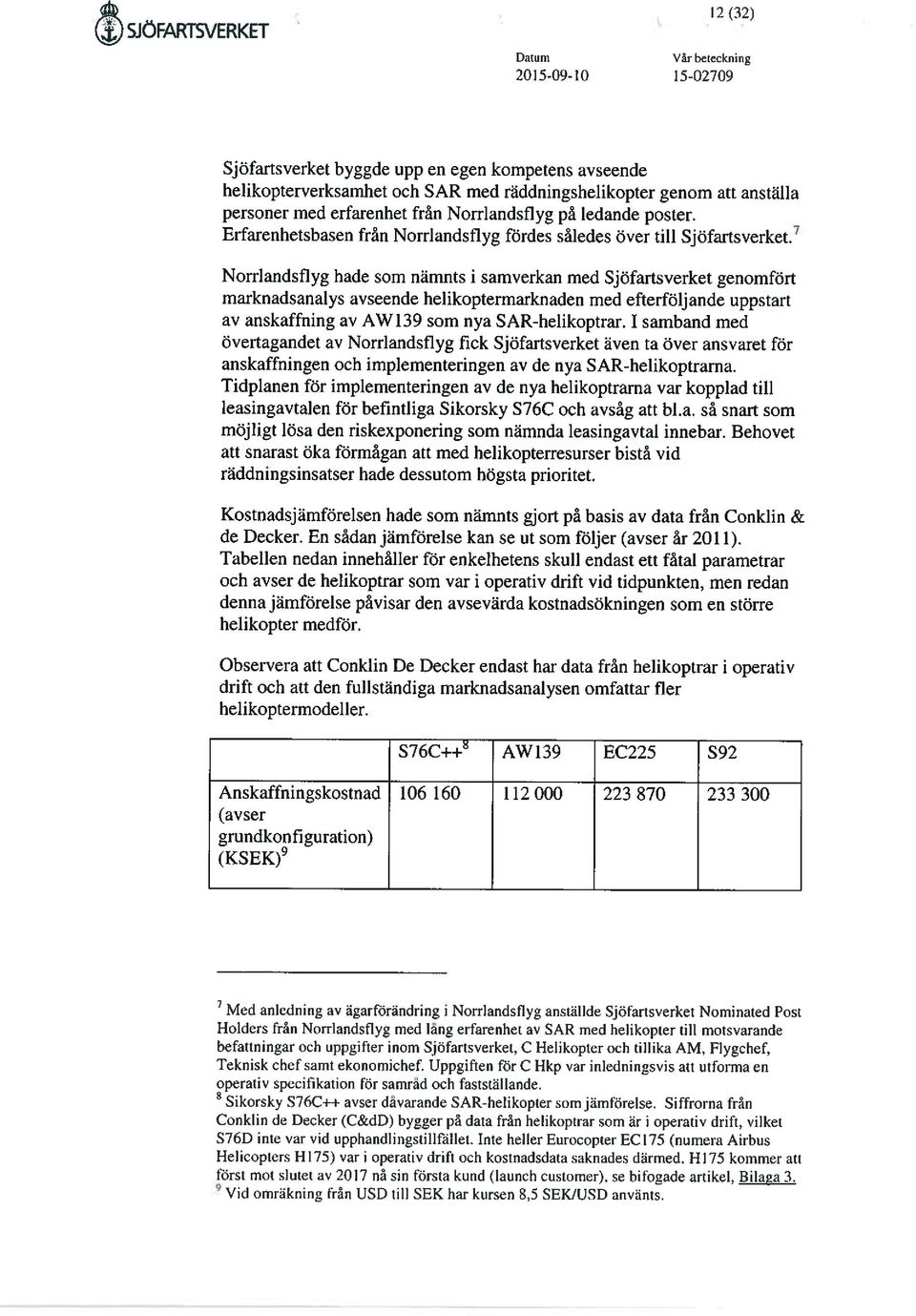 Norrlandsflyg hade som nämnts i samverkan med Sjöfartsverket genomfört marknadsanalys avseende helikoptermarknaden med efterföljande uppstart av anskaffning av AW139 som nya SAR-helikoptrar.