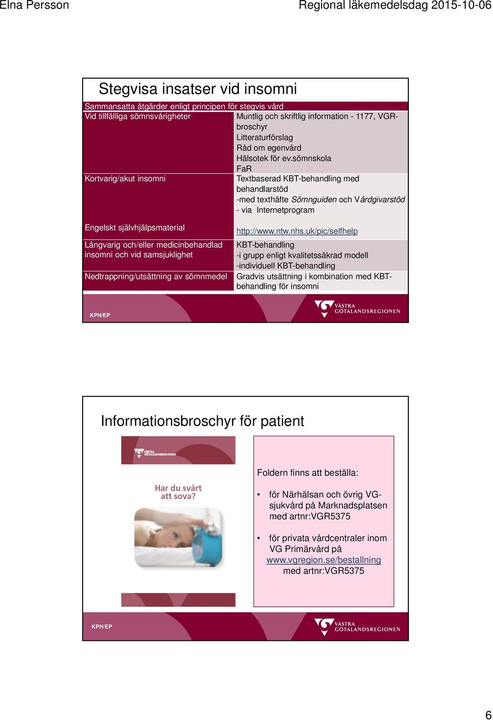 sömnskola FaR Kortvarig/akut insomni Textbaserad KBT-behandling med behandlarstöd -med texthäfte Sömnguiden och Vårdgivarstöd - via Internetprogram Engelskt självhjälpsmaterial Långvarig och/eller