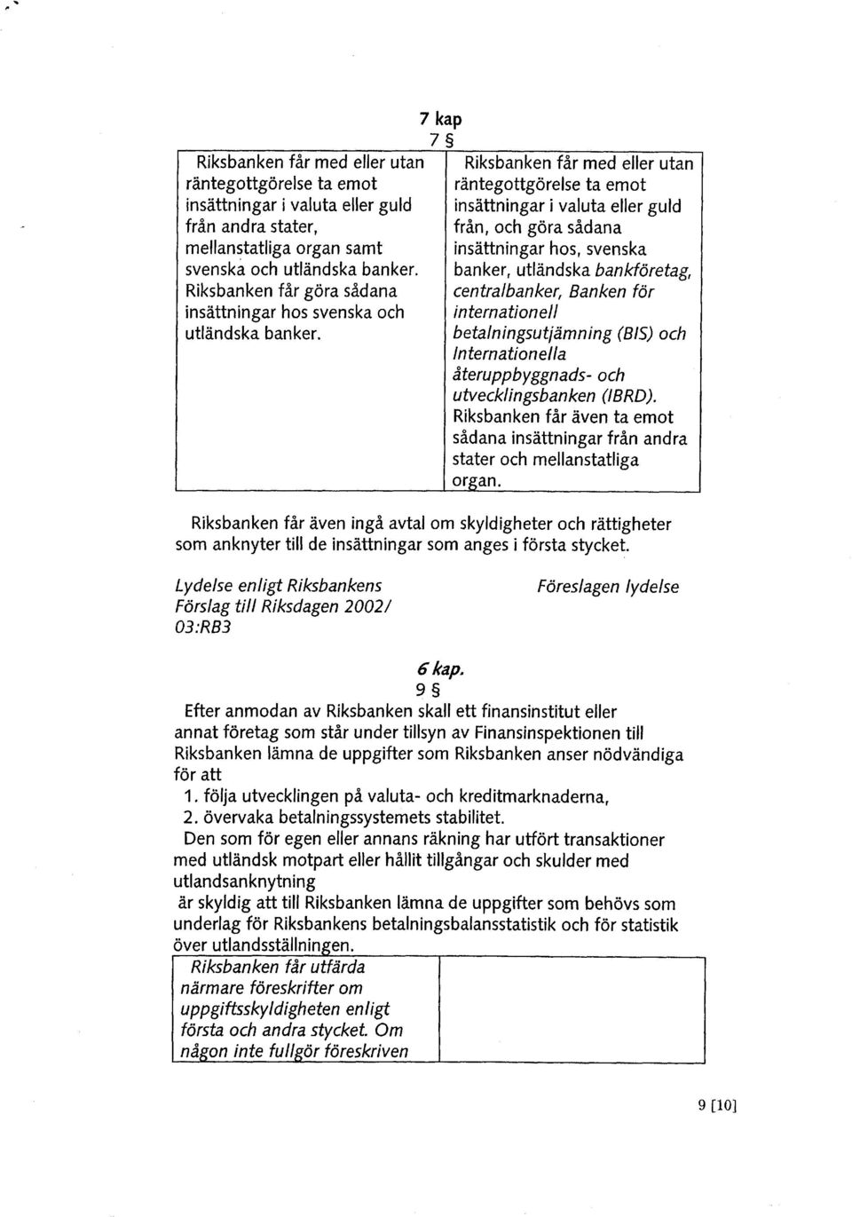 7 kap 7 3 Riksbanken får med eller utan räntegottgörelse ta emot insättningar i valuta eller guld från, och göra sådana insättningar hos, svenska banker, utländska bankföretag, centralbanker, Banken