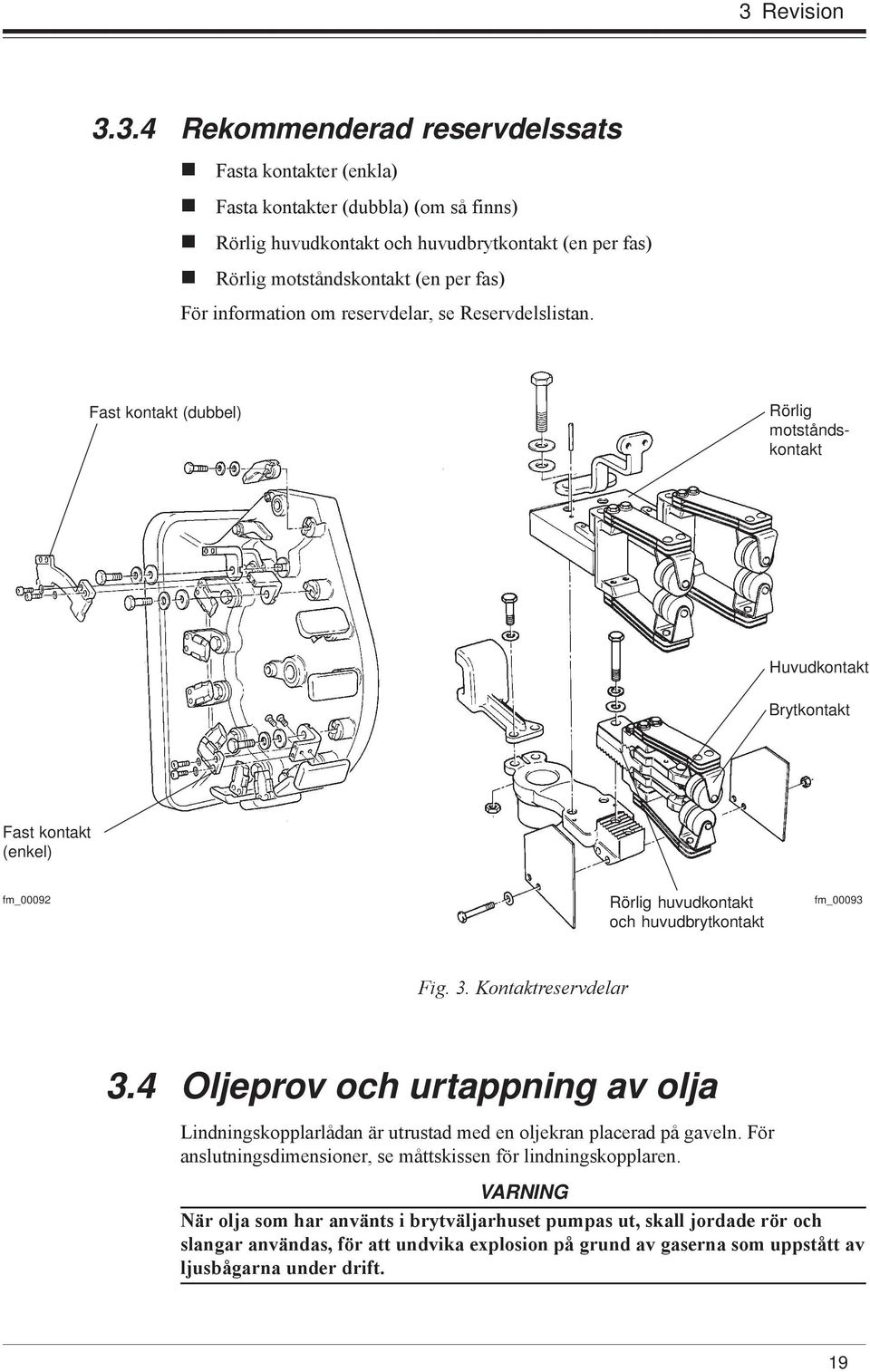 Fast kontakt (dubbel) Rörlig motståndskontakt Huvudkontakt Brytkontakt Fast kontakt (enkel) fm_00092 Rörlig huvudkontakt och huvudbrytkontakt fm_00093 Fig. 3. Kontaktreservdelar 3.