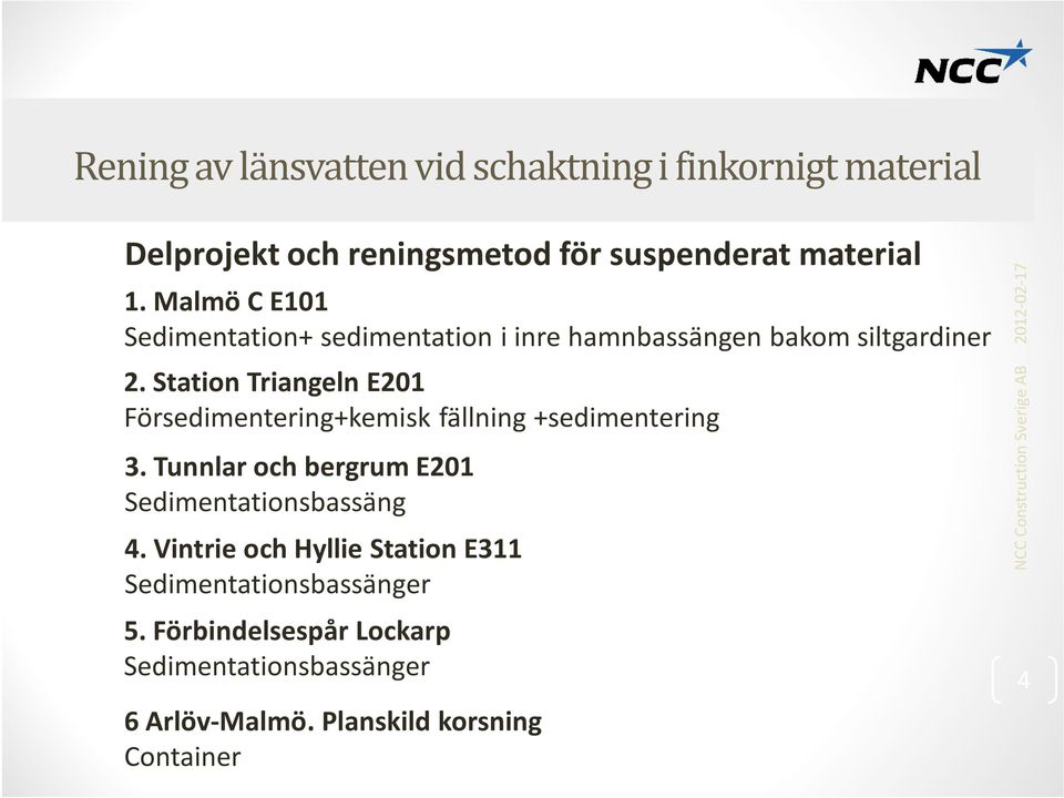 Station Triangeln E201 Försedimentering+kemisk fällning +sedimentering 3. Tunnlar och bergrum E201 Sedimentationsbassäng 4.