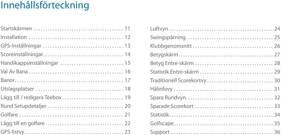 ..23 Luftvyn...24 Swingspårning...25 Klubbgenomsnitt...26 Betygskärm...27 Betyg Entre-skärm...28 Statistik Entre-skärm.