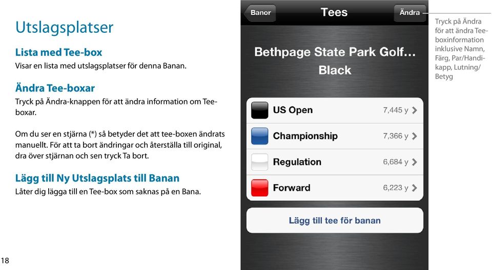 Tryck på Ändra för att ändra Teeboxinformation inklusive Namn, Färg, Par/Handikapp, Lutning/ Betyg Om du ser en stjärna (*) så