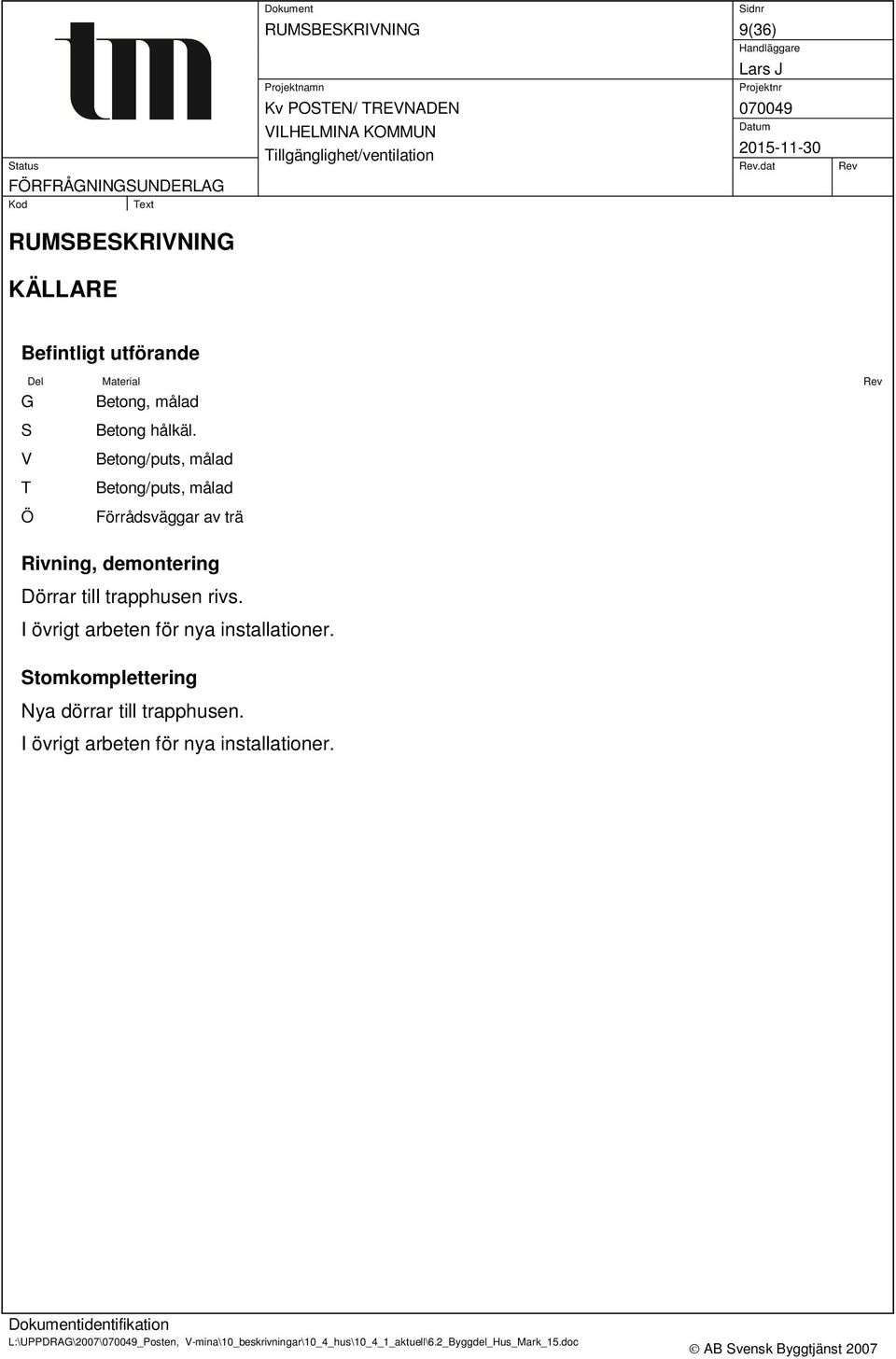 Betong/puts, målad Betong/puts, målad Förrådsväggar av trä Rivning, demontering Dörrar till trapphusen rivs.