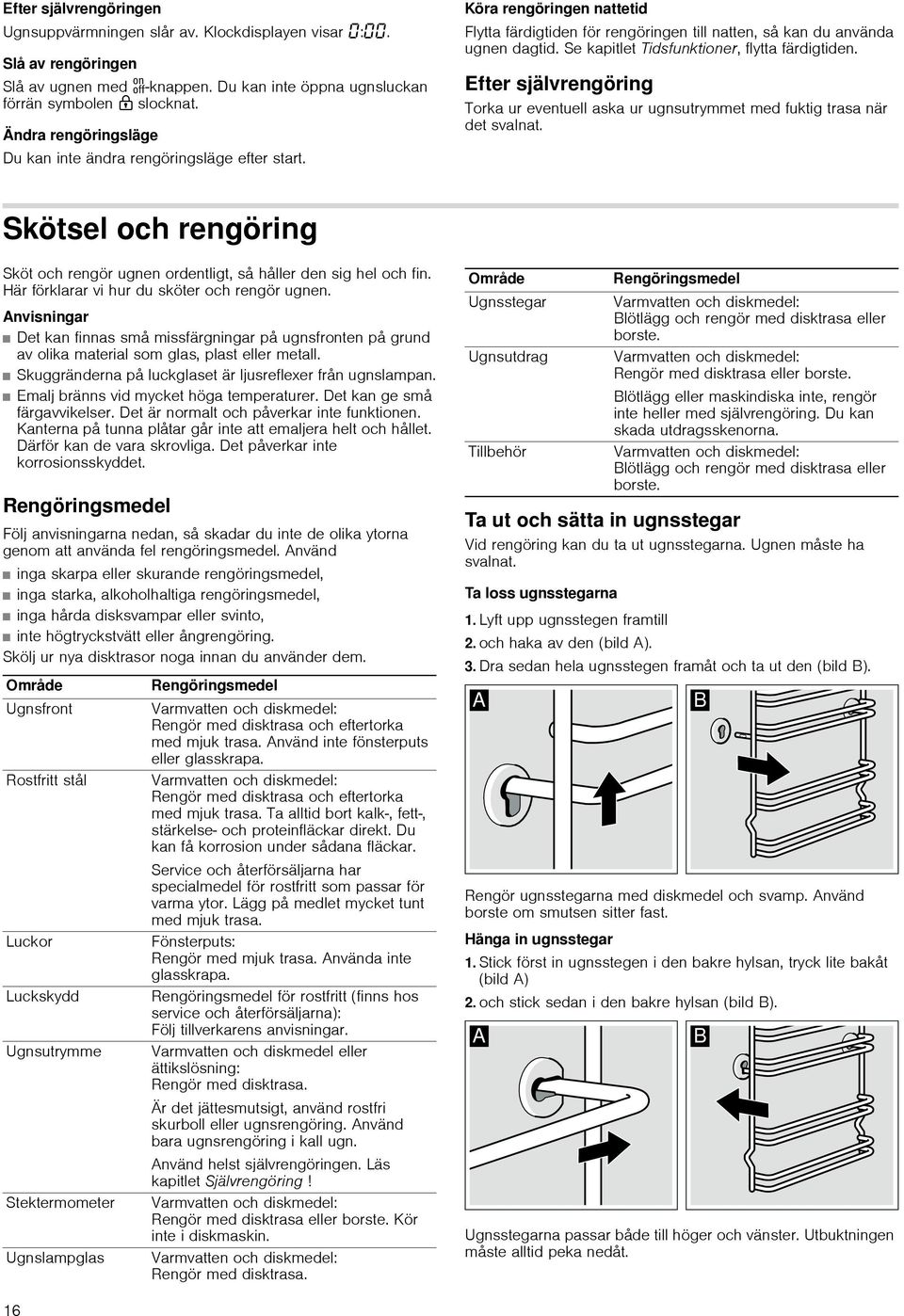 Se kapitlet Tidsfunktioner, flytta färdigtiden. Efter självrengöring Torka ur eventuell aska ur ugnsutrymmet med fuktig trasa när det svalnat.