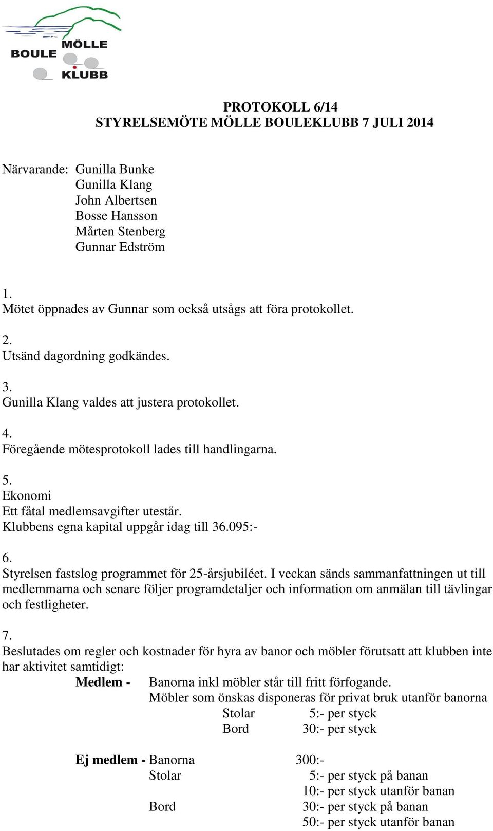 Ekonomi Ett fåtal medlemsavgifter utestår. Klubbens egna kapital uppgår idag till 36.095:- 6. Styrelsen fastslog programmet för 25-årsjubiléet.