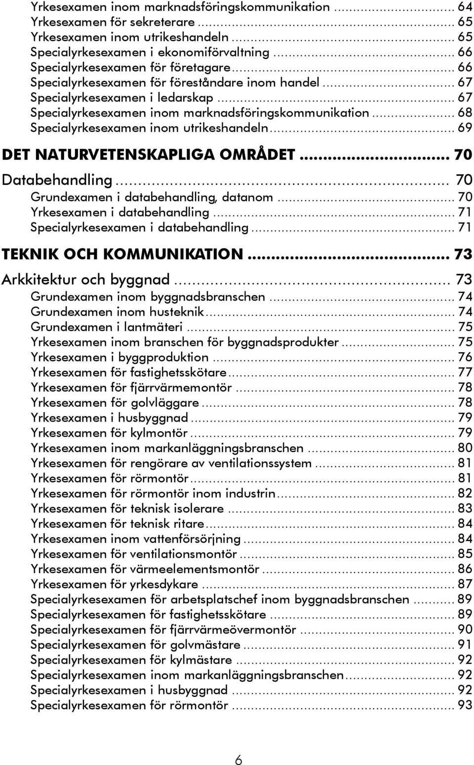.. 68 Specialyrkesexamen inom utrikeshandeln... 69 DET NATURVETENSKAPLIGA OMRÅDET... 70 Databehandling... 70 Grundexamen i databehandling, datanom... 70 Yrkesexamen i databehandling.