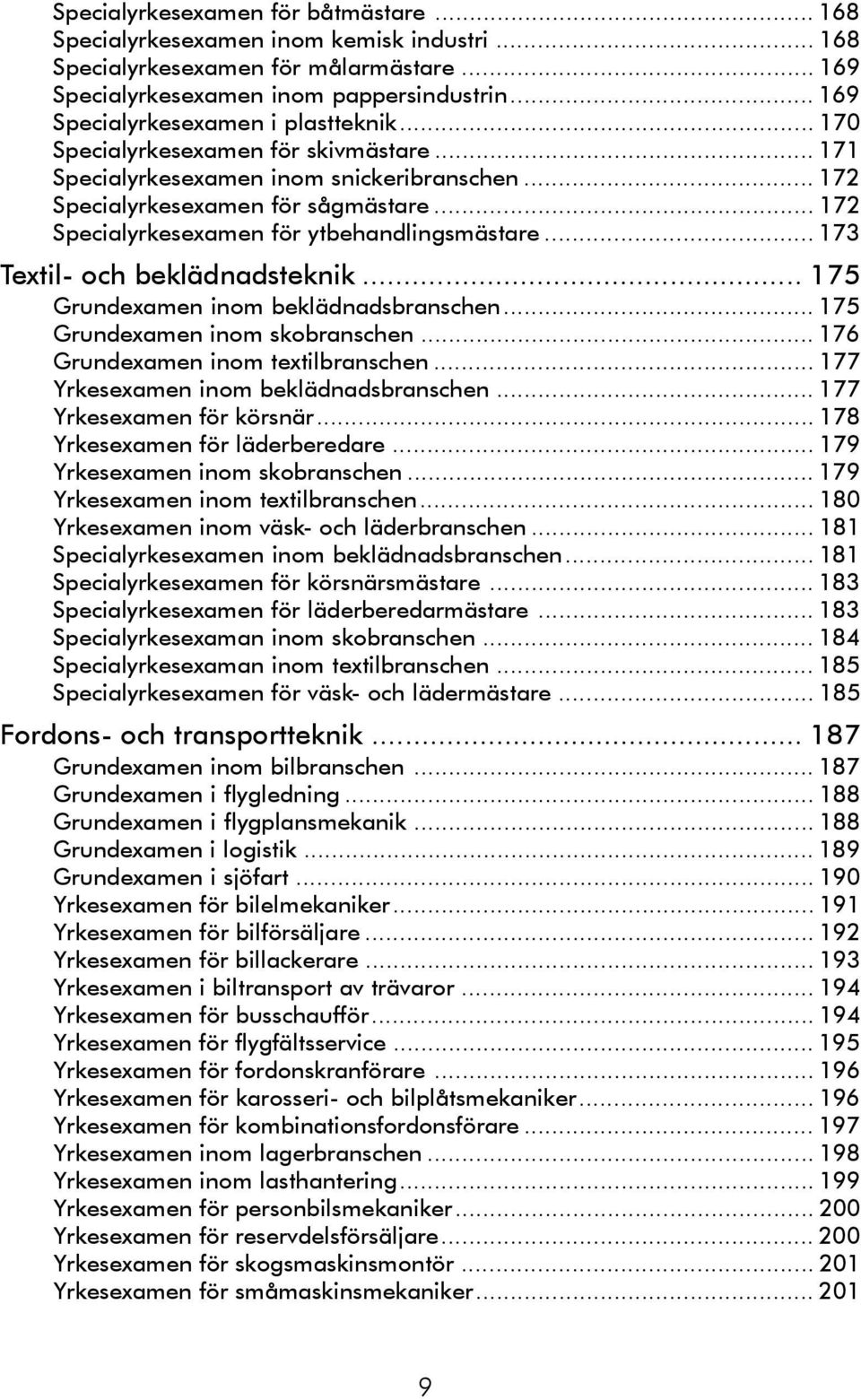 .. 172 Specialyrkesexamen för ytbehandlingsmästare... 173 Textil- och beklädnadsteknik... 175 Grundexamen inom beklädnadsbranschen... 175 Grundexamen inom skobranschen.
