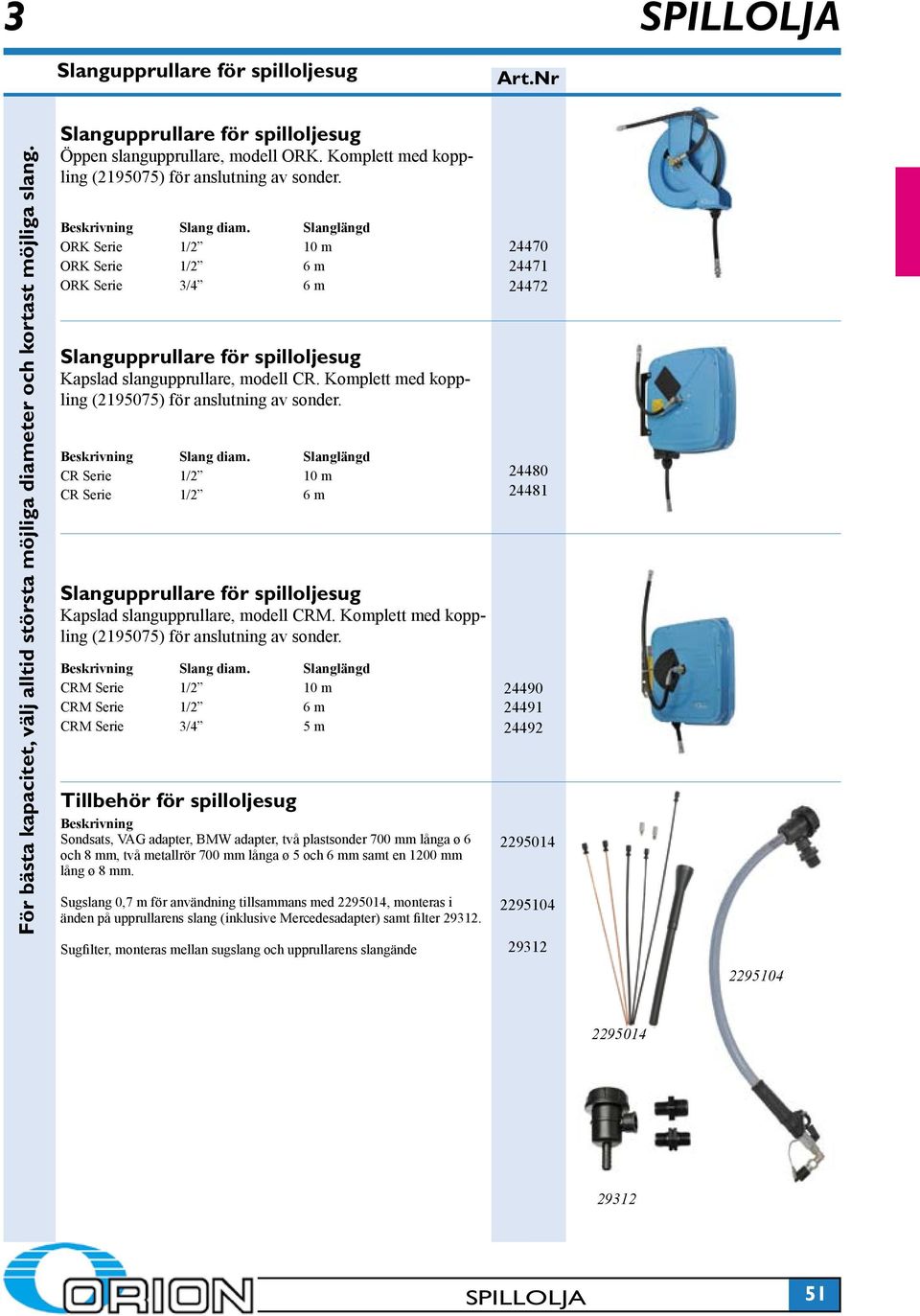Slanglängd ORK Serie 1/2 10 m ORK Serie 1/2 6 m ORK Serie 3/4 6 m Slangupprullare för spilloljesug Kapslad slangupprullare, modell CR.