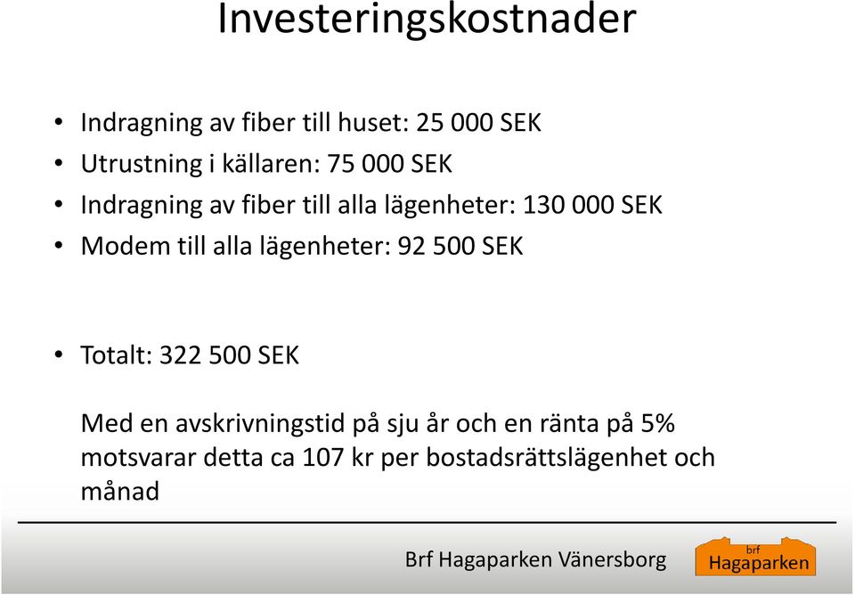 till alla lägenheter: 92500 SEK Totalt: 322 500 SEK Med en avskrivningstid på