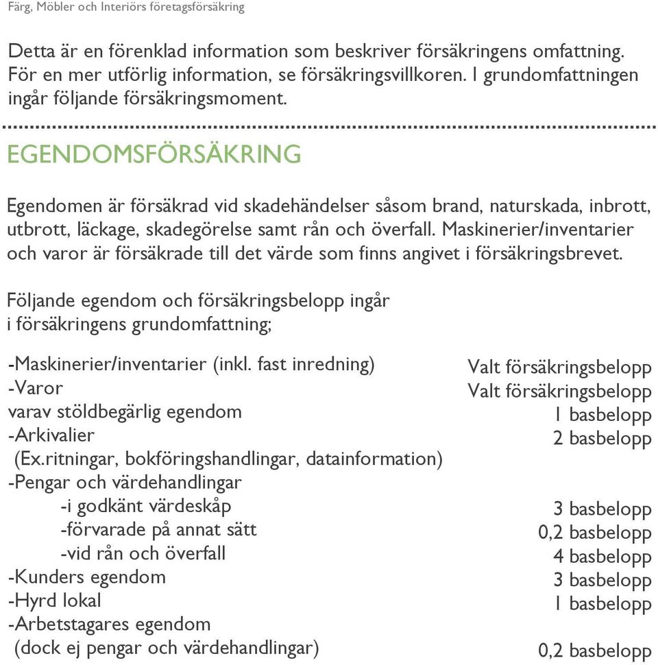 Maskinerier/inventarier och varor är försäkrade till det värde som finns angivet i försäkringsbrevet.