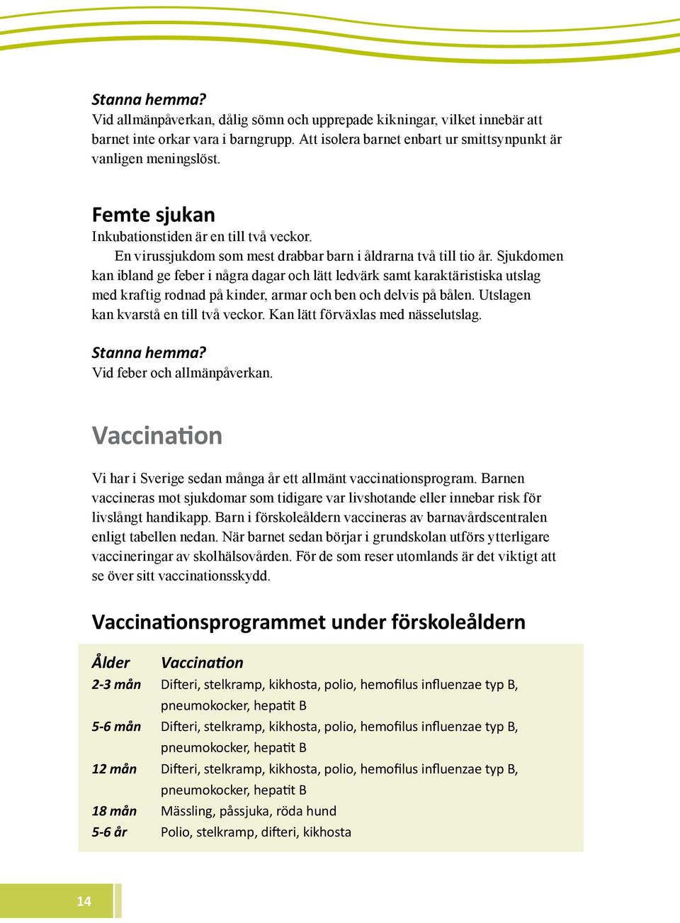 Sjukdomen kan ibland ge feber i några dagar och lätt ledvärk samt karaktäristiska utslag med kraftig rodnad på kinder, armar och ben och delvis på bålen. Utslagen kan kvarstå en till två veckor.