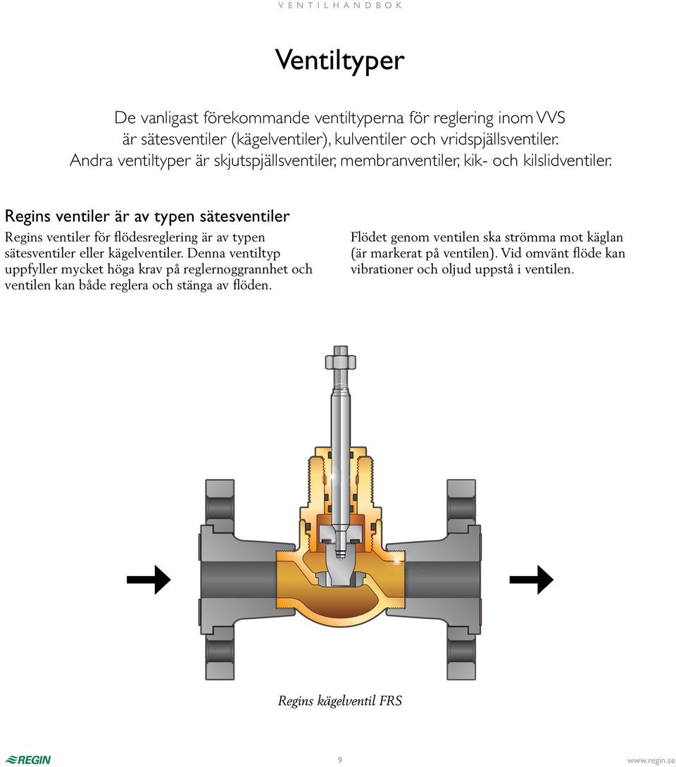 Regins ventiler är av typen sätesventiler Regins ventiler för flödesreglering är av typen sätesventiler eller kägelventiler.