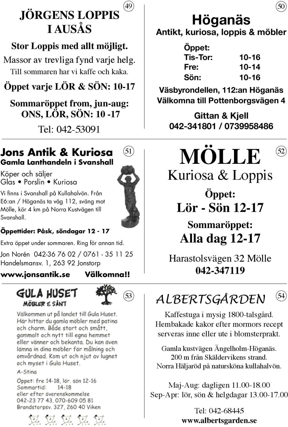 Svanshall på Kullahalvön. Från E6:an / Höganäs ta väg 112, sväng mot Mölle, kör 4 km på Norra Kustvägen till Svanshall. Öppettider: Påsk, söndagar 12-17 51 Extra öppet under sommaren.