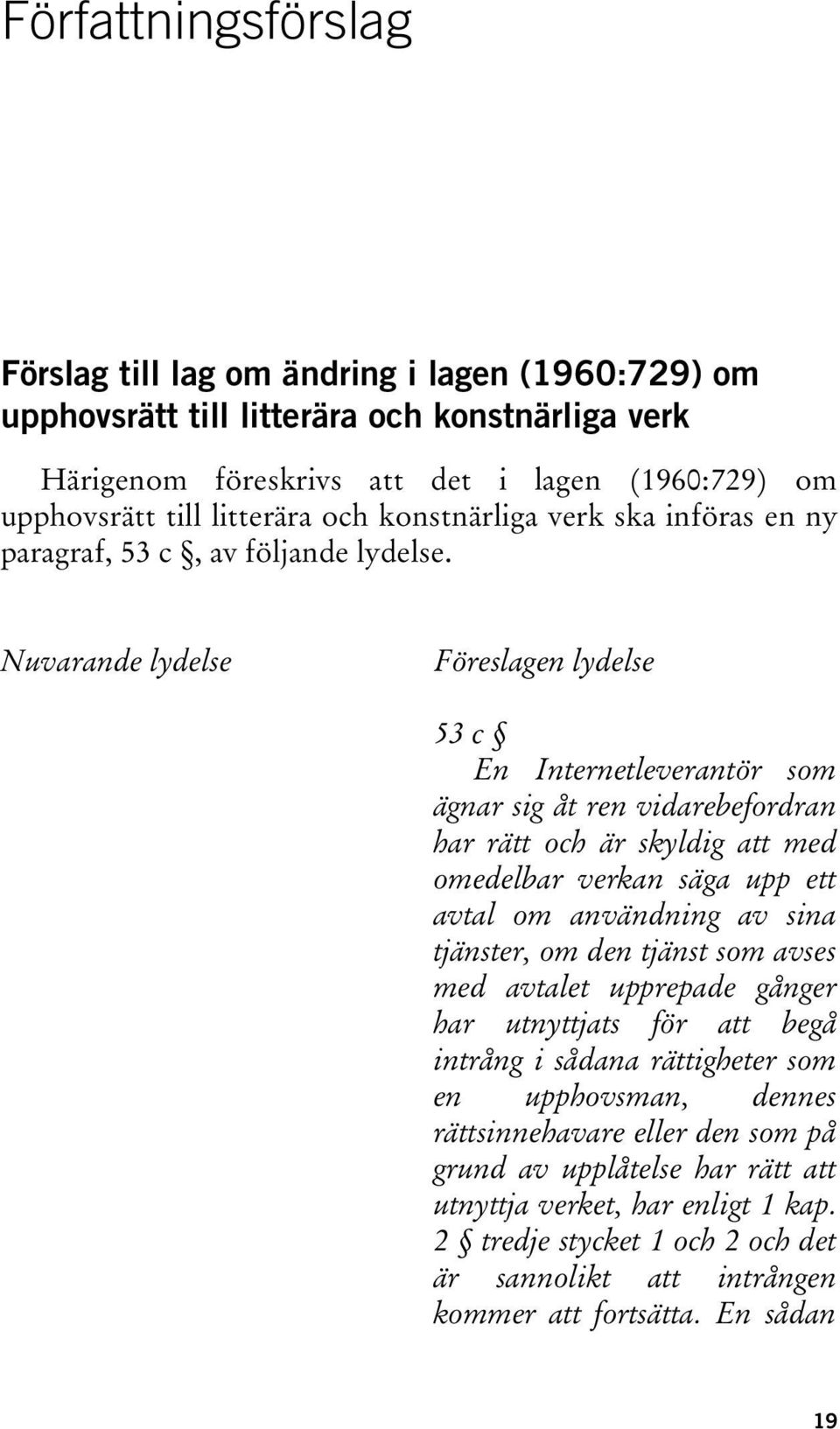 Nuvarande lydelse Föreslagen lydelse 53 c En Internetleverantör som ägnar sig åt ren vidarebefordran har rätt och är skyldig att med omedelbar verkan säga upp ett avtal om användning av sina