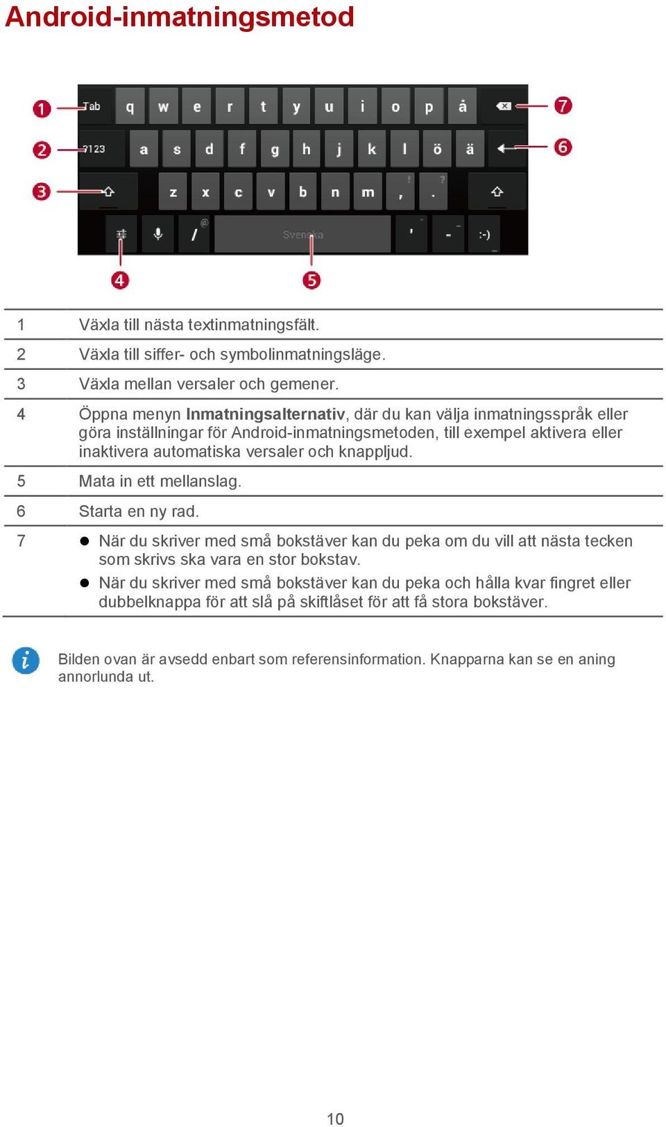 och knappljud. 5 Mata in ett mellanslag. 6 Starta en ny rad. 7 När du skriver med små bokstäver kan du peka om du vill att nästa tecken som skrivs ska vara en stor bokstav.