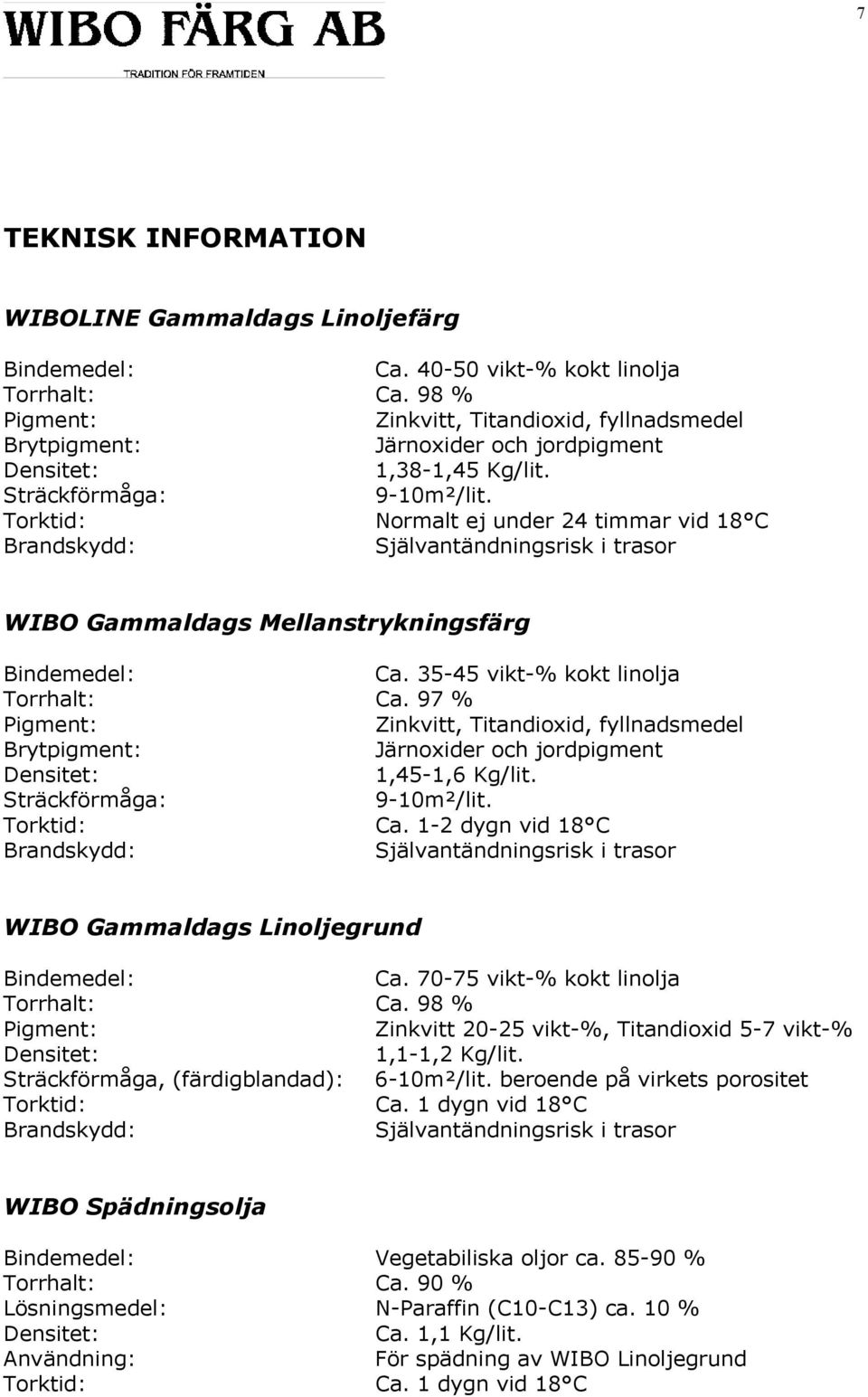 Torktid: Normalt ej under 24 timmar vid 18 C Brandskydd: Självantändningsrisk i trasor WIBO Gammaldags Mellanstrykningsfärg Bindemedel: Ca. 35-45 vikt-% kokt linolja Torrhalt: Ca.