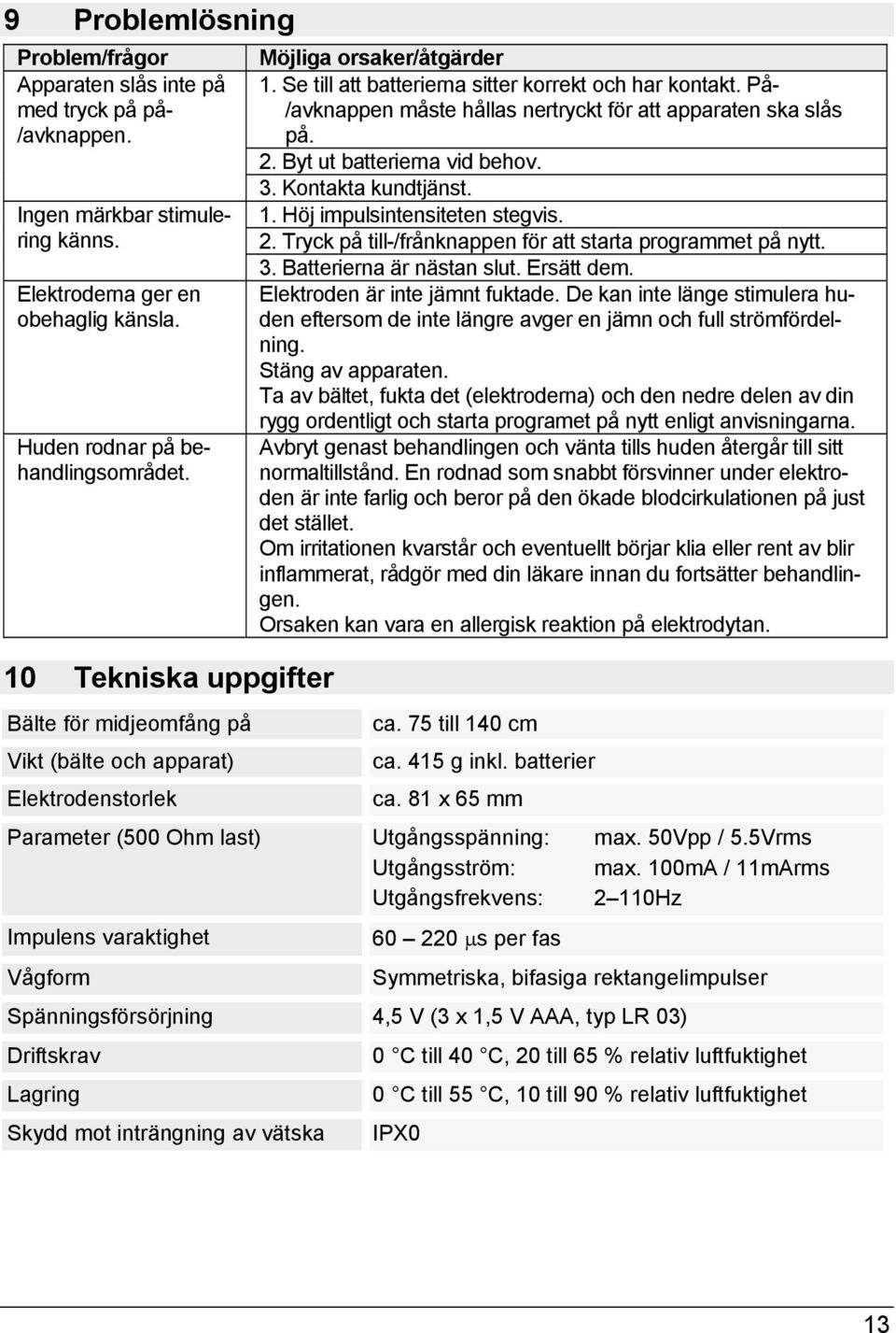 På- /avknappen måste hållas nertryckt för att apparaten ska slås på. 2. Byt ut batterierna vid behov. 3. Kontakta kundtjänst. 1. Höj impulsintensiteten stegvis. 2. Tryck på till-/frånknappen för att starta programmet på nytt.