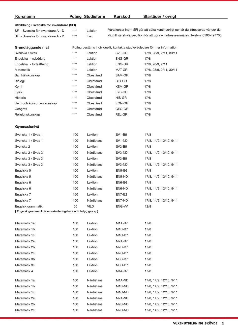 Telefon: 0500-497700 Grundläggande nivå Poäng bestäms individuellt, kontakta studievägledare för mer information Svenska / Svas **** Lektion SVE-GR 17/8, 28/9, 2/11, 30/11 Engelska - nybörjare ****