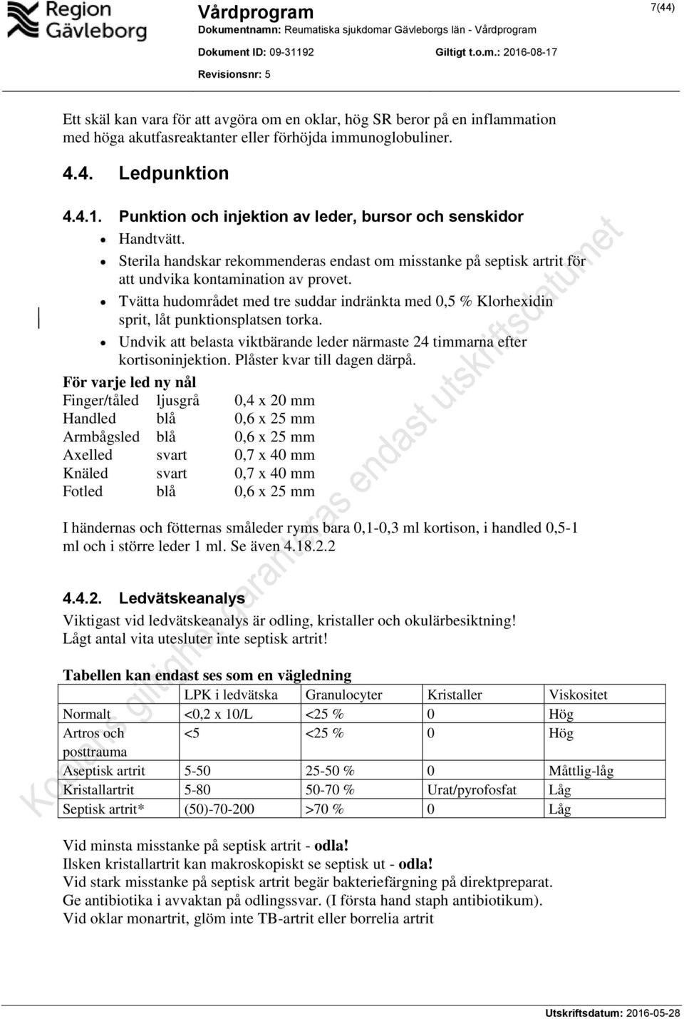 Tvätta hudområdet med tre suddar indränkta med 0,5 % Klorhexidin sprit, låt punktionsplatsen torka. Undvik att belasta viktbärande leder närmaste 24 timmarna efter kortisoninjektion.