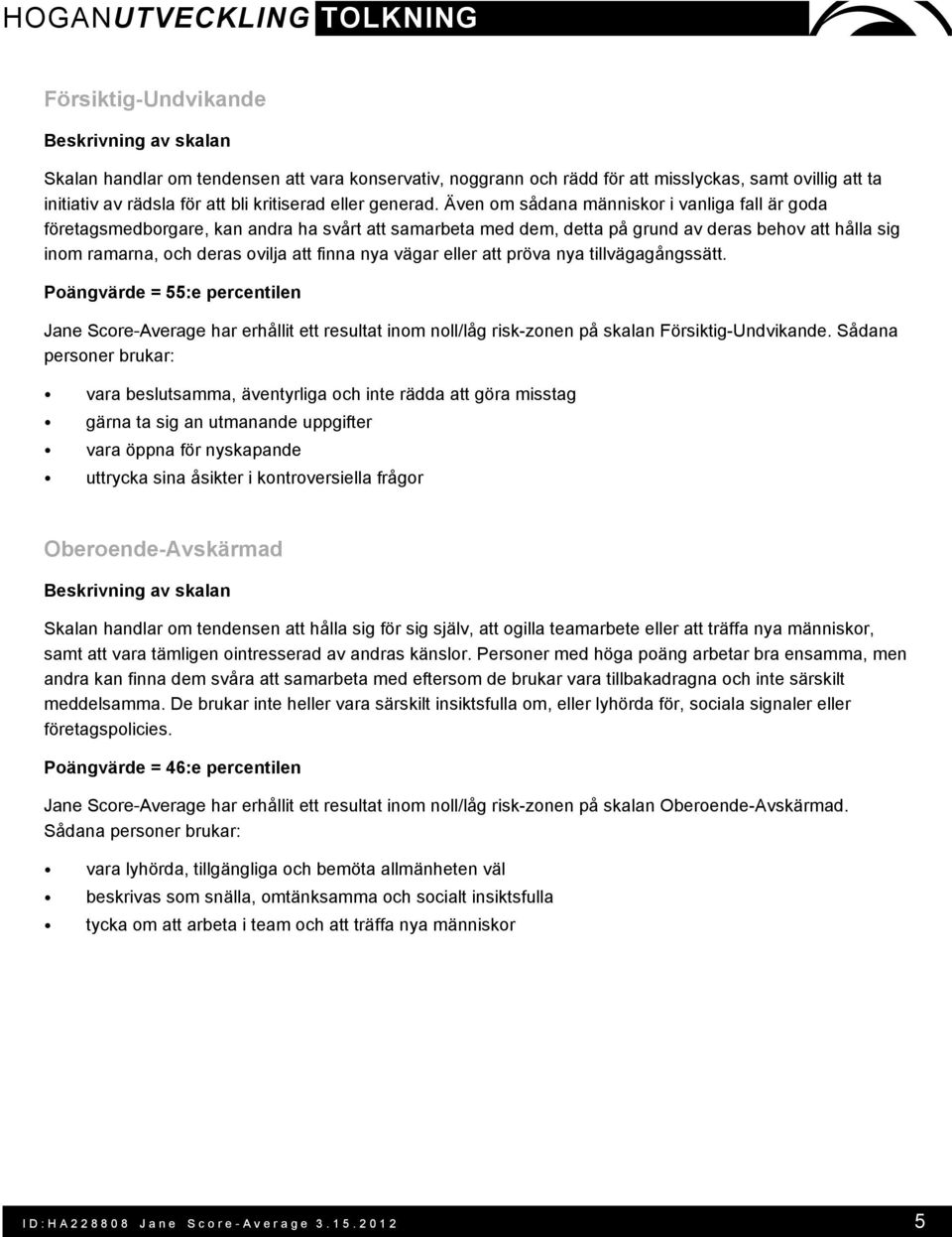 vägar eller att pröva nya tillvägagångssätt. Poängvärde = 55:e percentilen Jane Score-Average har erhållit ett resultat inom noll/låg risk-zonen på skalan Försiktig-Undvikande.