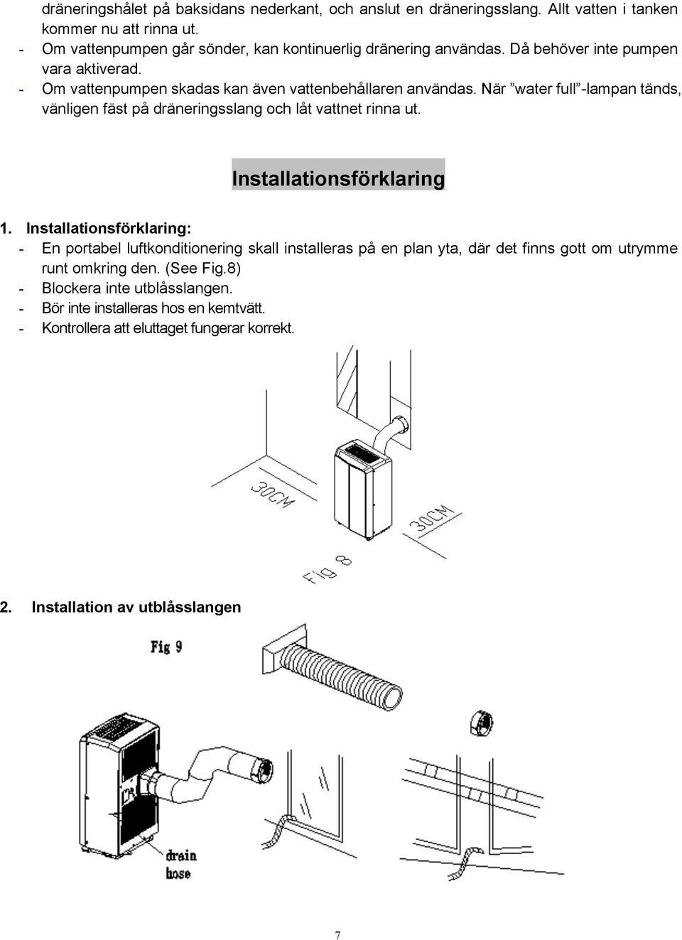 När water full -lampan tänds, vänligen fäst på dräneringsslang och låt vattnet rinna ut. Installationsförklaring 1.